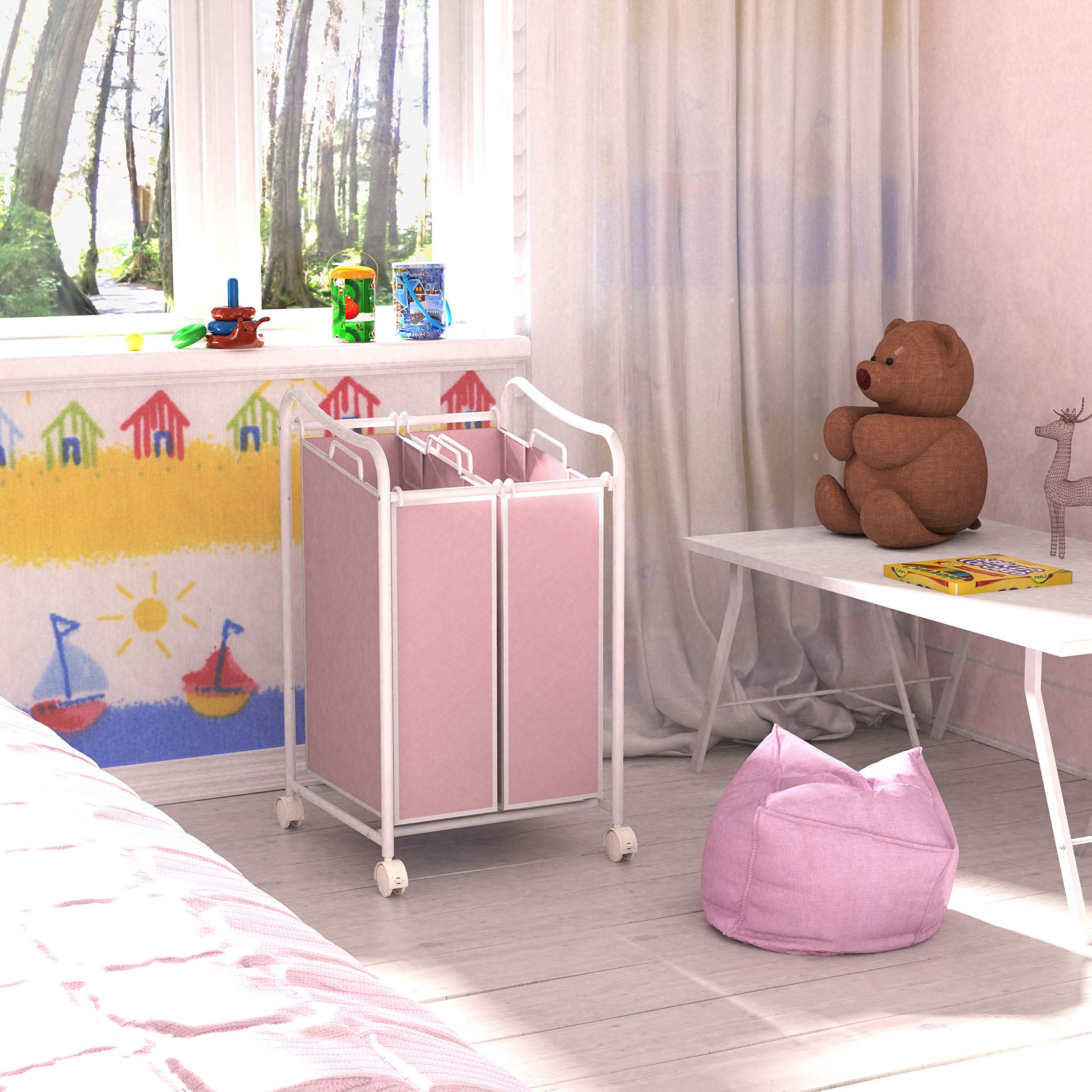 Simple Houseware 2-Bag Heavy Duty Rolling Laundry Sorter Cart, Whitepink