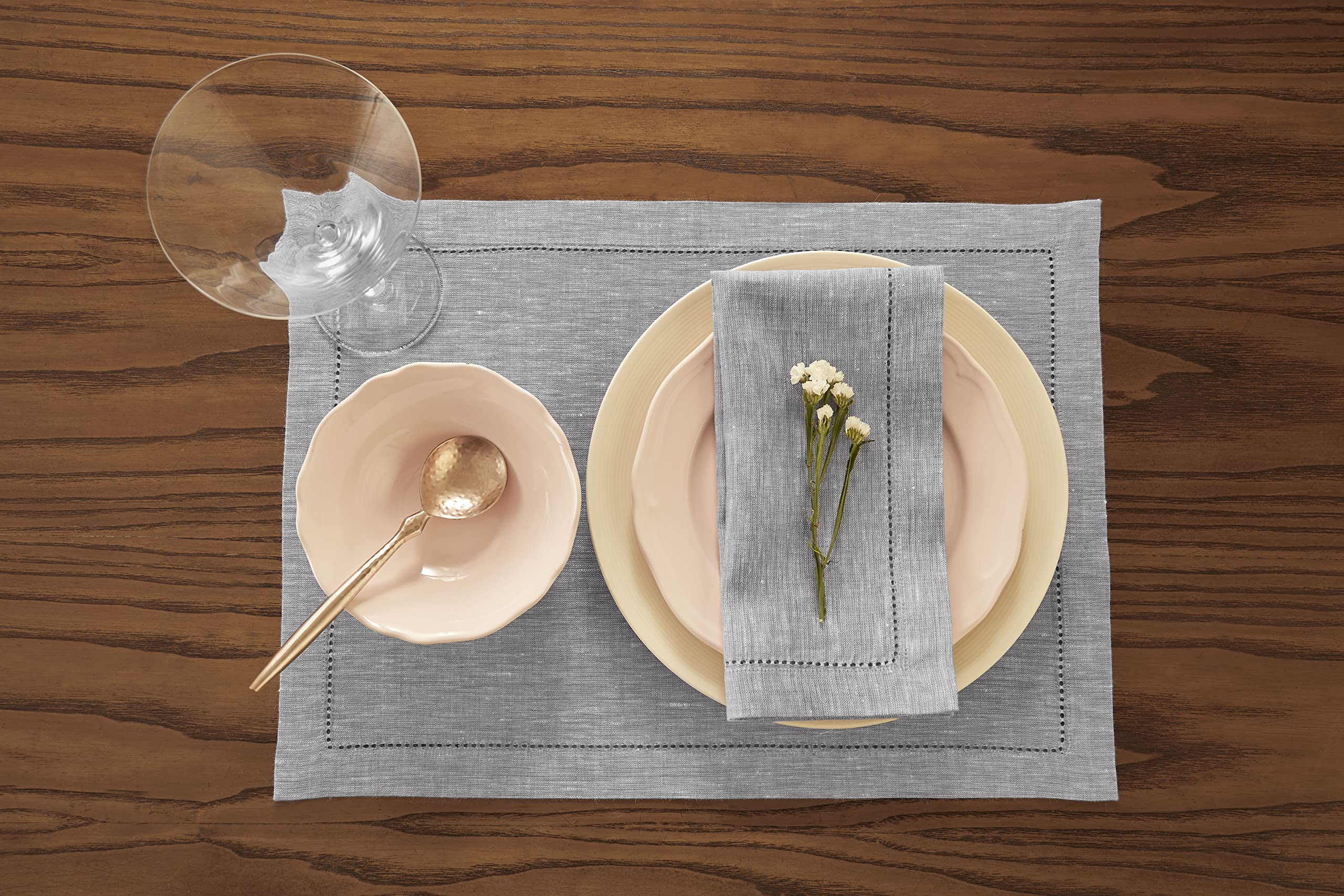 Solino Home Linen Placemats Oyster Grey - Set of 4  100% Pure Linen Tablemats 14 x 19 Inch - Milan Hemstitch Placemats for Spring  Summer  Dining  Party - Handcrafted from European Flax