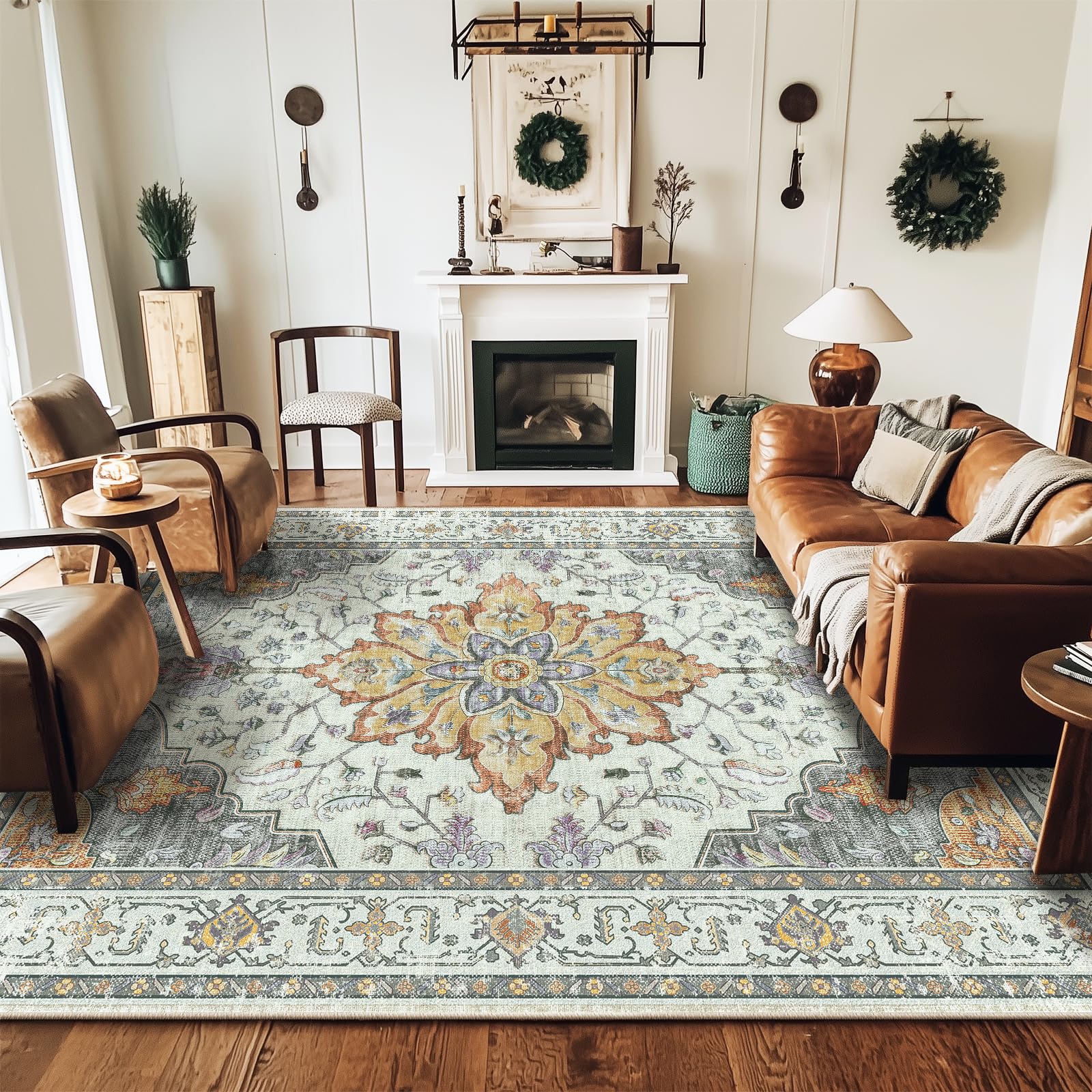 RELEANY Area Rugs 8x10 Washable Non-Slip, Floral Vintage Distress Print Pattern Medallion Carpet for Living Room Bedroom Dinin