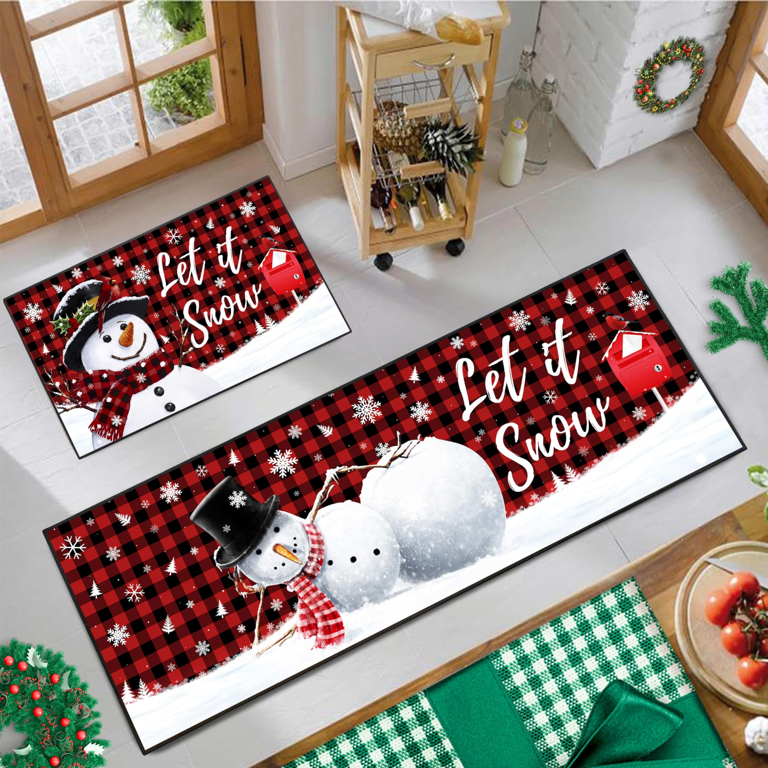 JWXCBIM Let It Snow Christmas Snowman Kitchen Rugs and Mats Set of 2, Buffalo Plaid Winter Snowflake Xmas Holiday Home Kitchen D