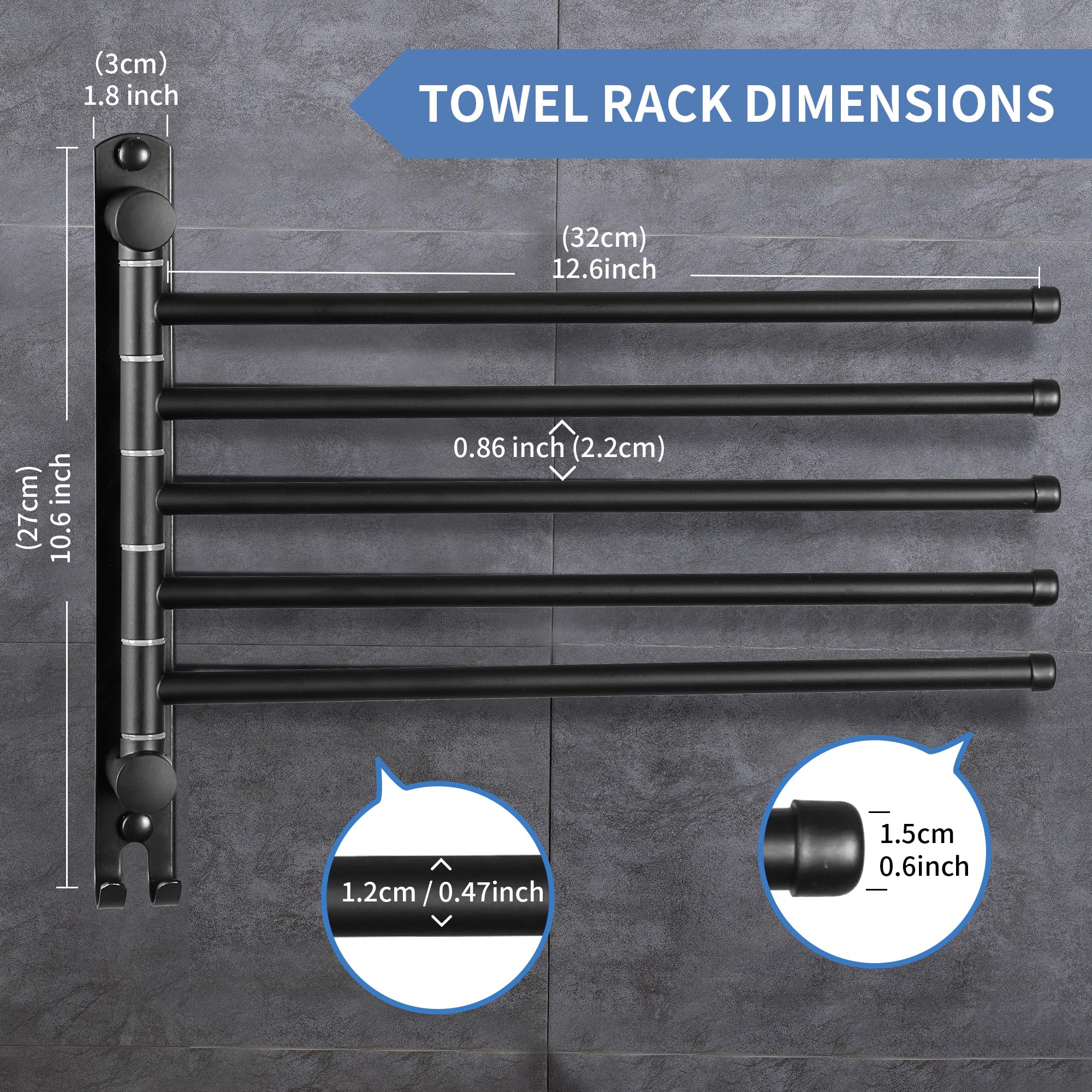 Swivel Towel Rack, Towel Bar With Wall Mounted 180 Rotation, 5 Arms Towel Hanger Sus 304 Stainless Steel, Space Saving For Kitch