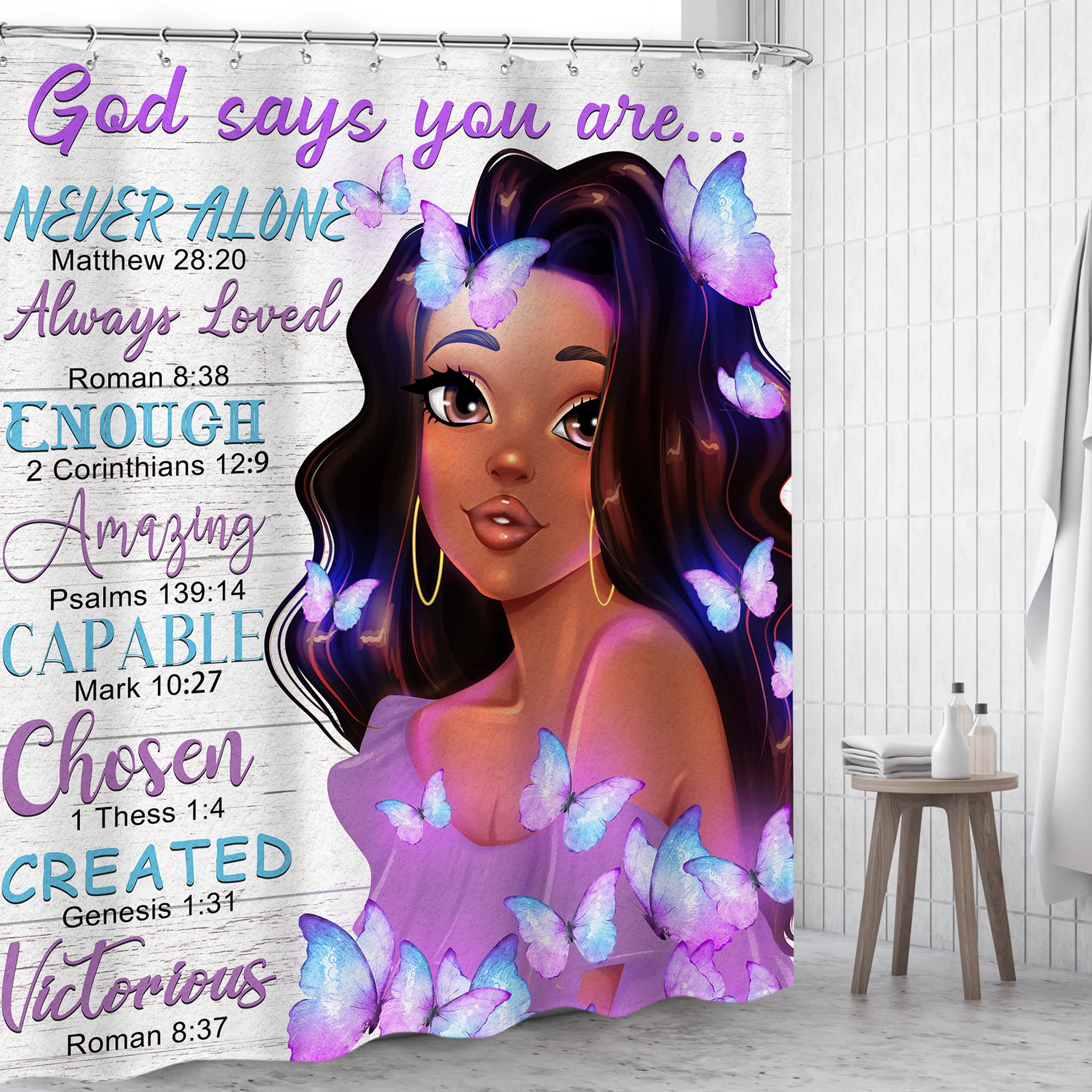 Omifly Black Girl Shower Curtain 60Wx72H Inch African American Woman Purple Butterfly Bible Verse Motivational Quote Scripture C