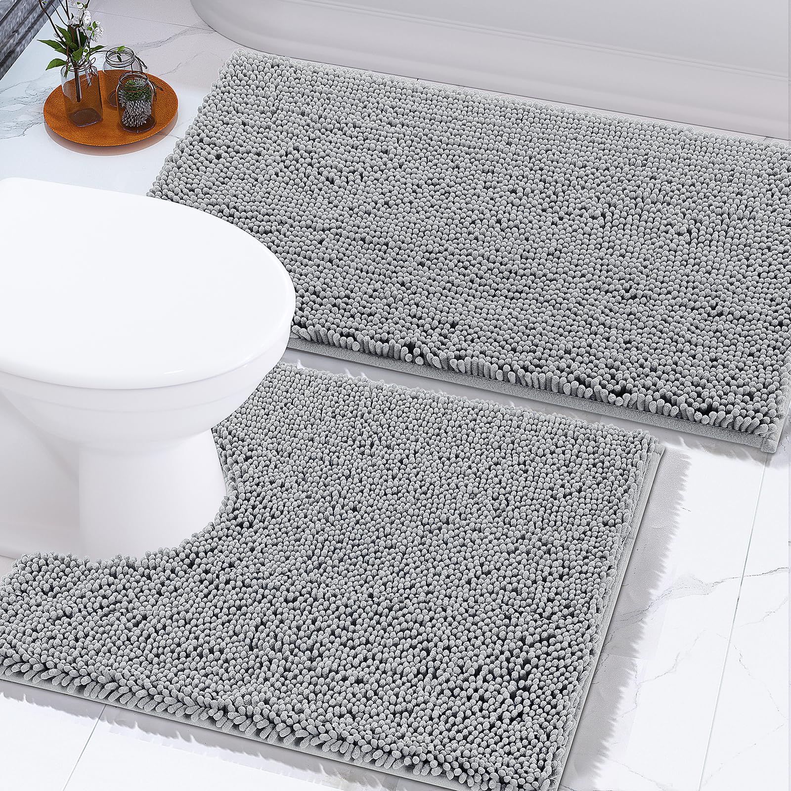 Yimobra Chenille Bathroom Rugs Set U-Shape, Luxury Thick Absorbent Plush Rugs, Soft Shaggy Bath Floor Mats, Non Slip, Machine Wa