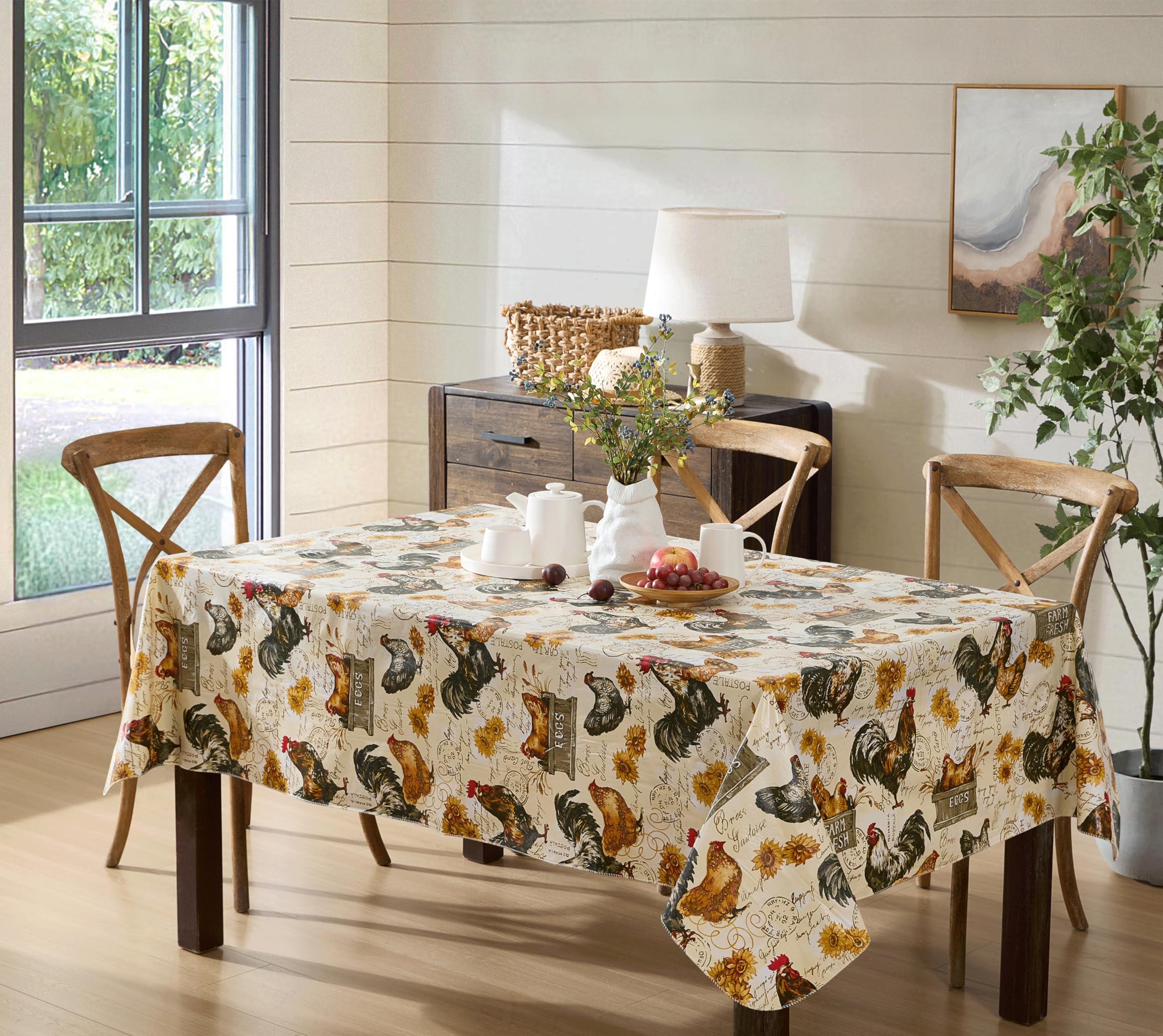 Newbridge Farm Fresh Rooster Square Vinyl Flannel Backed Tablecloth, 52 x 52 Inch, Indoor Outdoor Vinyl Table Cloth, Roosters an
