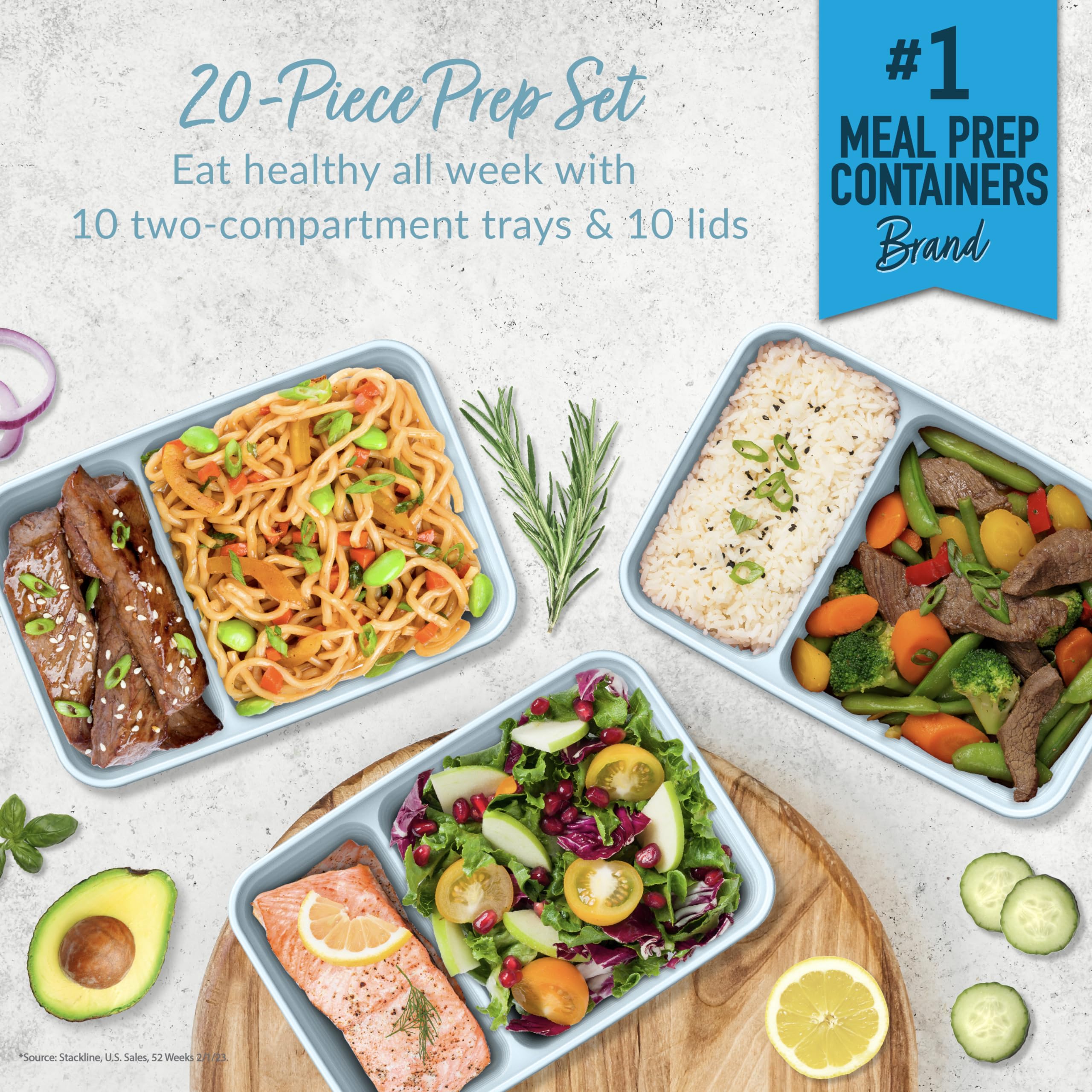 Bentgo 20-Piece Lightweight, Durable, Reusable Bpa-Free 2-Compartment Containers - Microwave, Freezer, Dishwasher Safe - Sky