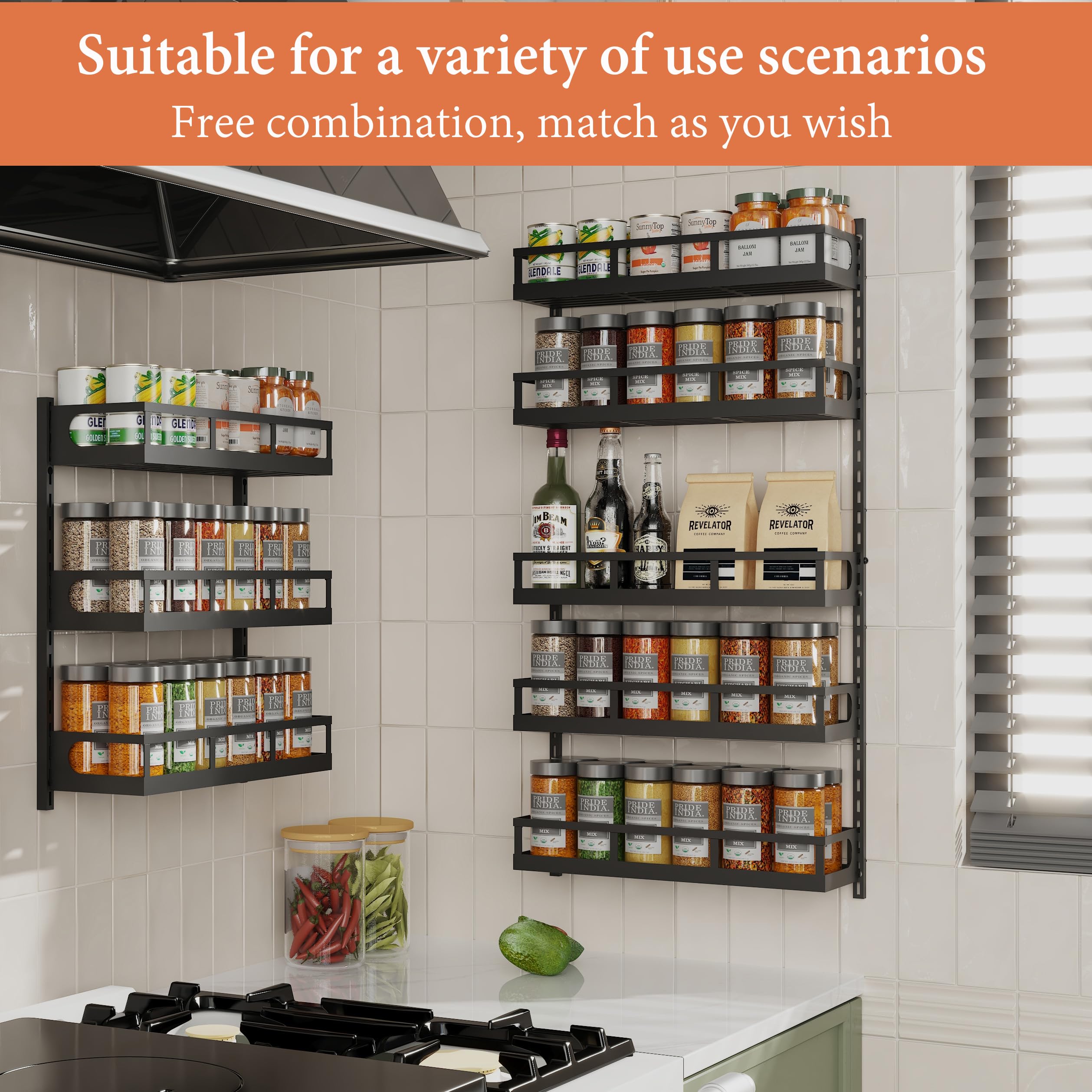 X-cosrack Wall Mount Spice Rack Organizer, 5 Tier, Height-Adjustable, Carbon Steel, 32.3'' x 16.6'' x 5.4'', Black,