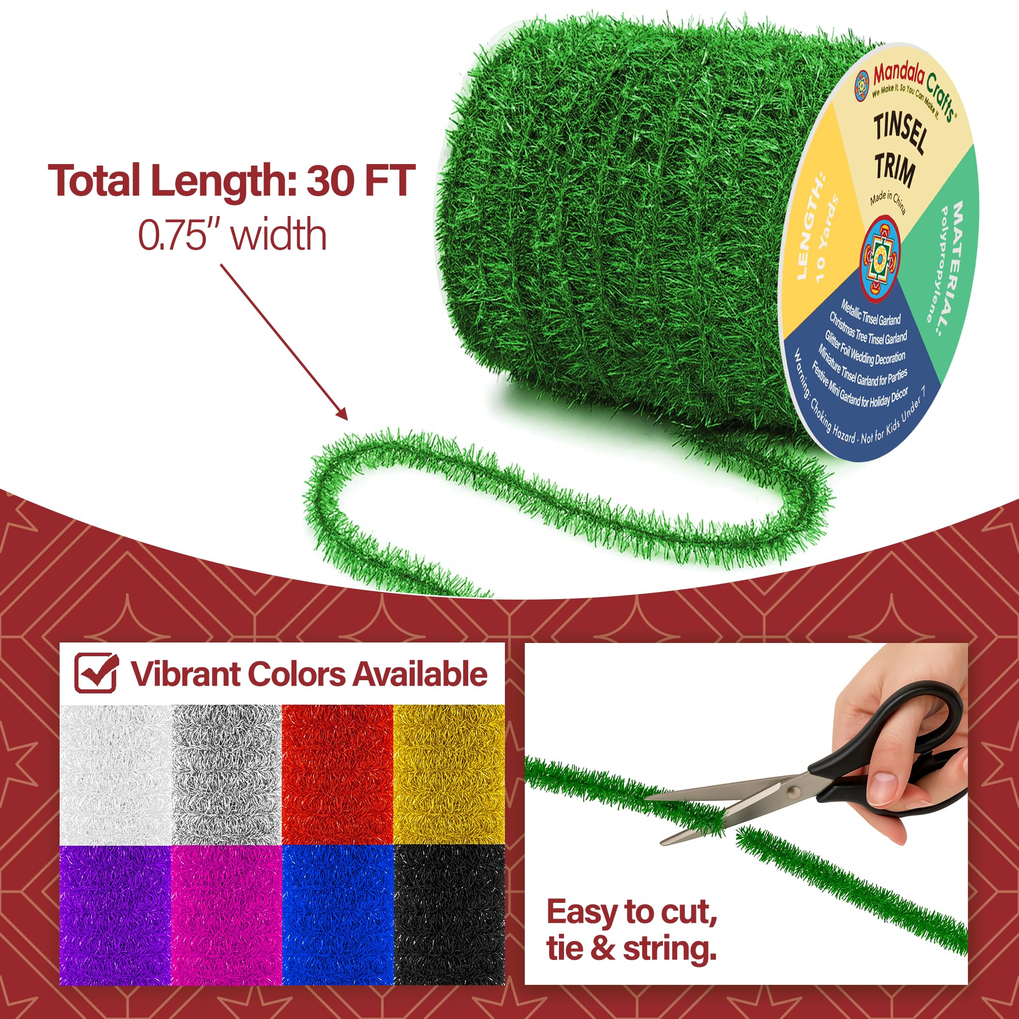 Mandala Crafts Green Tinsel Garland - 30 Feet Thin Metallic Foil Glitter Mini Garland for Christmas Tree, Party, Wedding Decor,