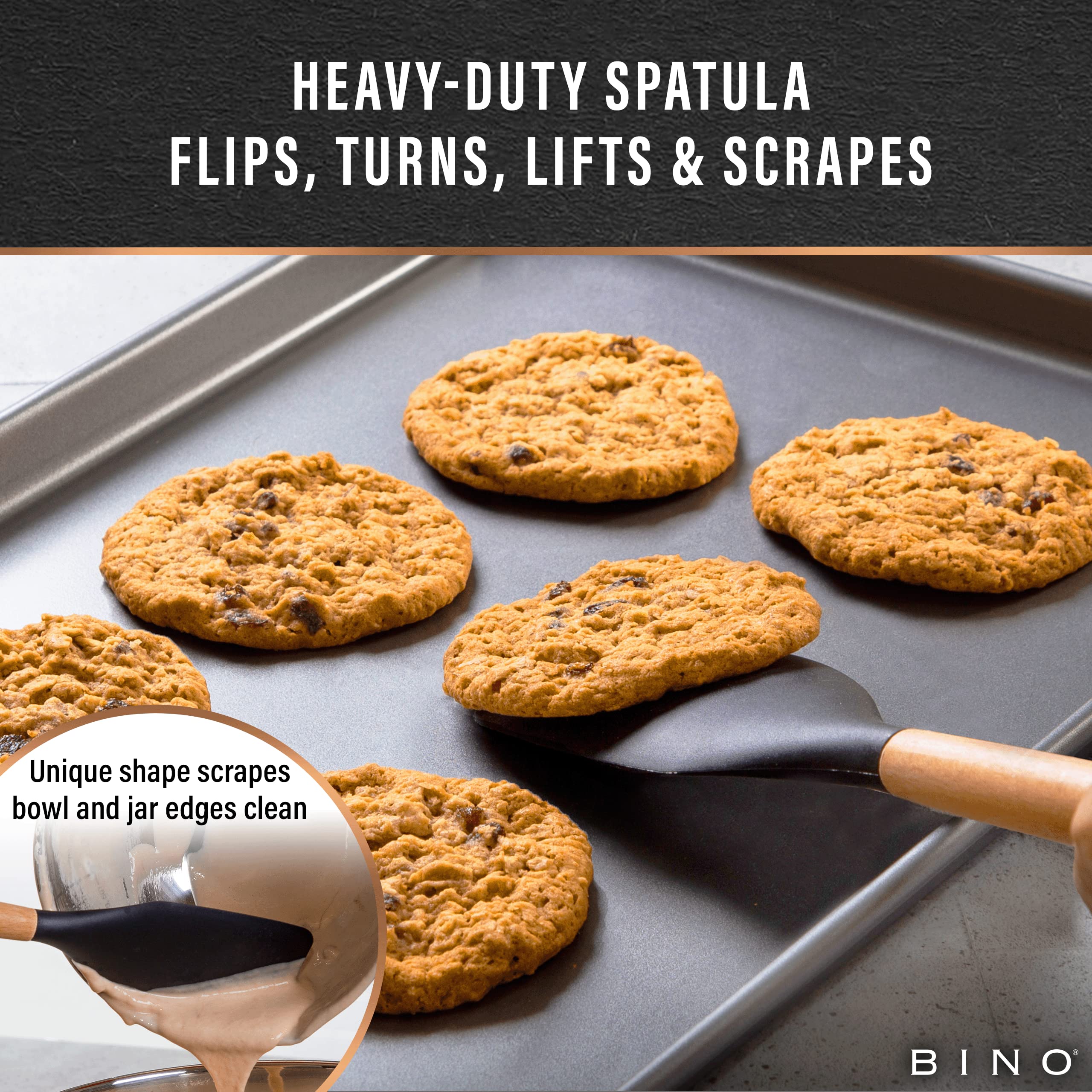Bino 2-Piece Wooden Handle Silicone Mixing Spoons & Spatulas Set - Black | Heat Resistant Kitchen Utensils For Nonstick Cookware