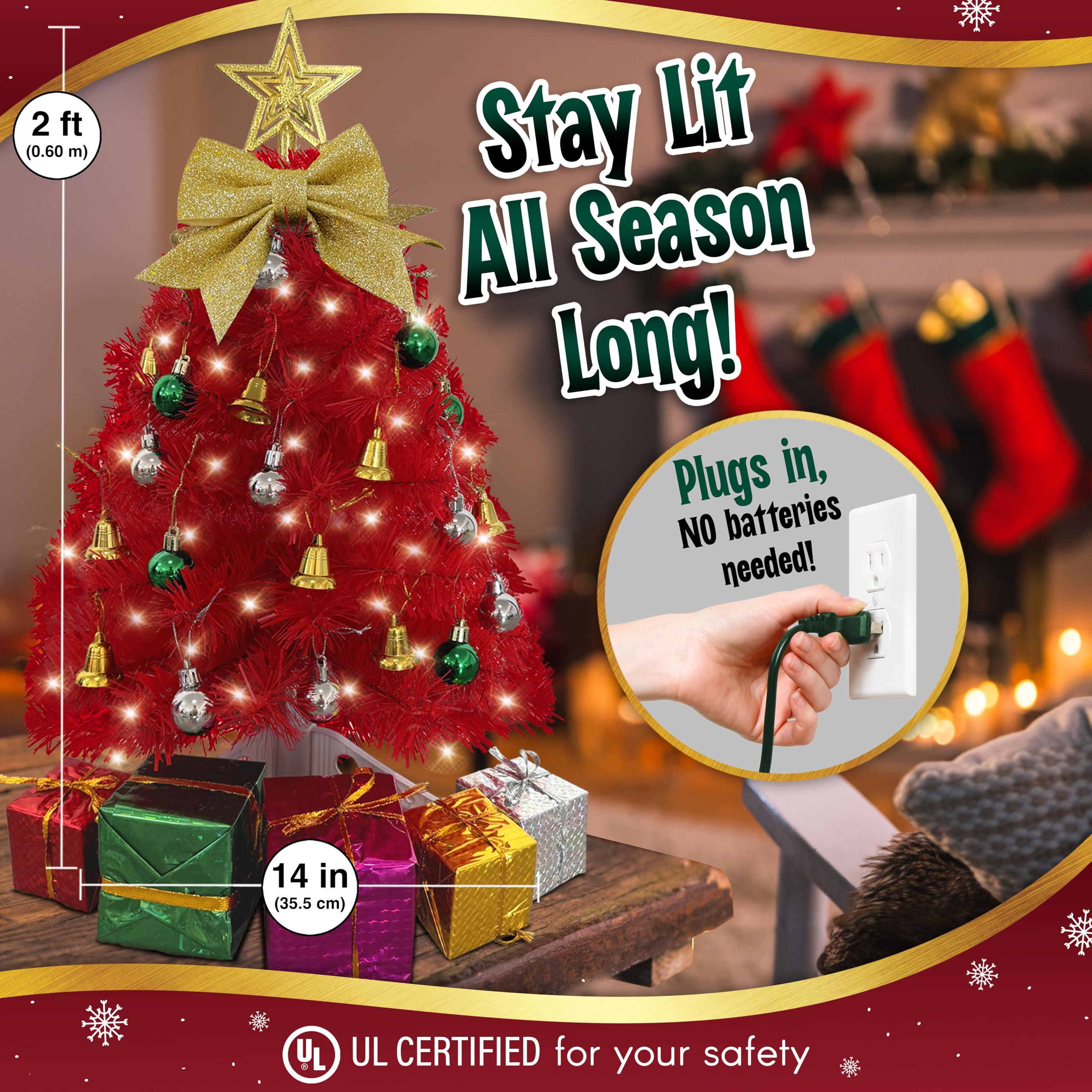 Small Red Christmas Tree with Lights - 23 Inch Mini Tabletop Christmas Tree with Warm-White LED Lights, Hanging Ornaments, Decor