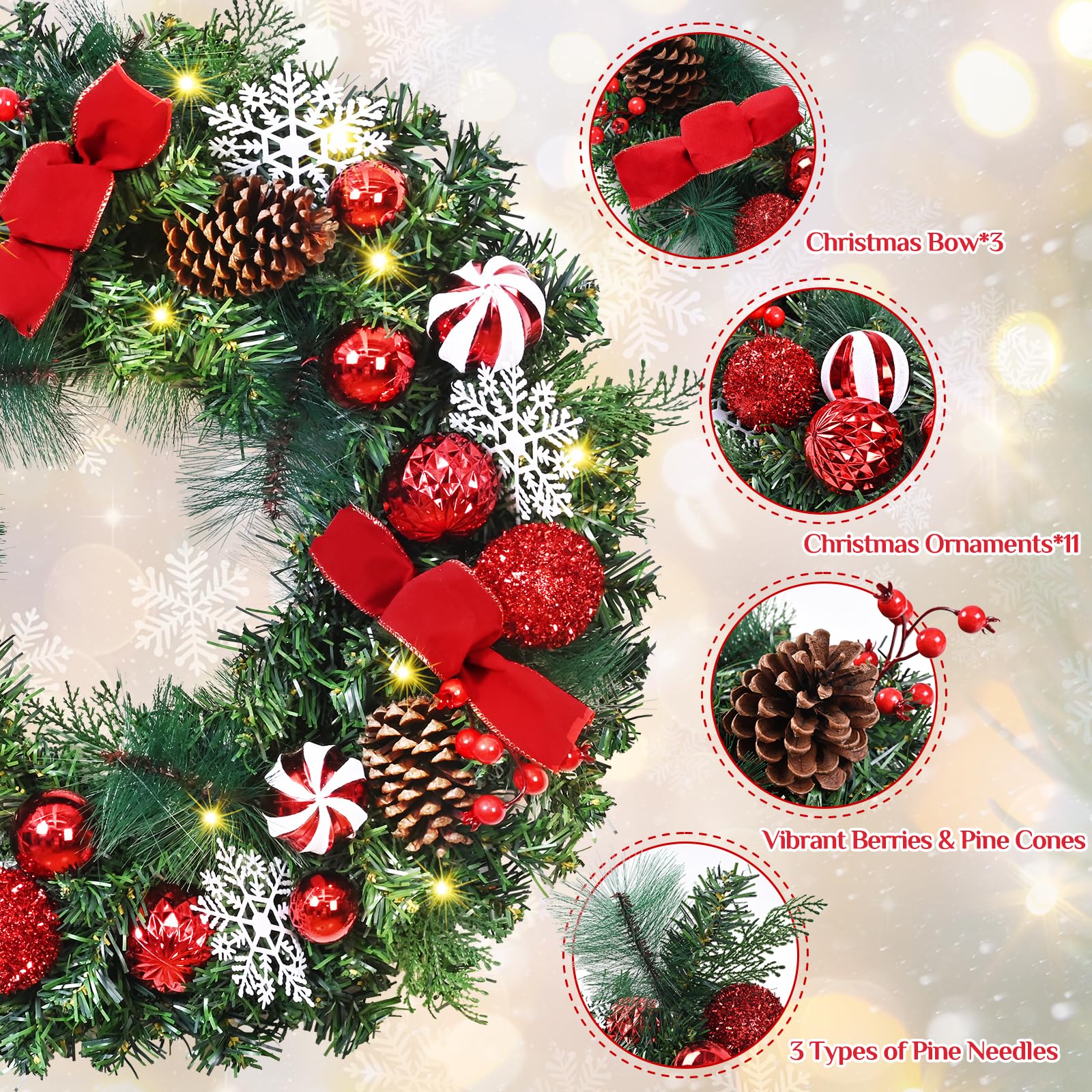 Christmas Wreaths for Front Door - 2 Pack 18'' Christmas Wreath with Lights Bow Berries Cones Pine Needles, Christmas Door Wreat