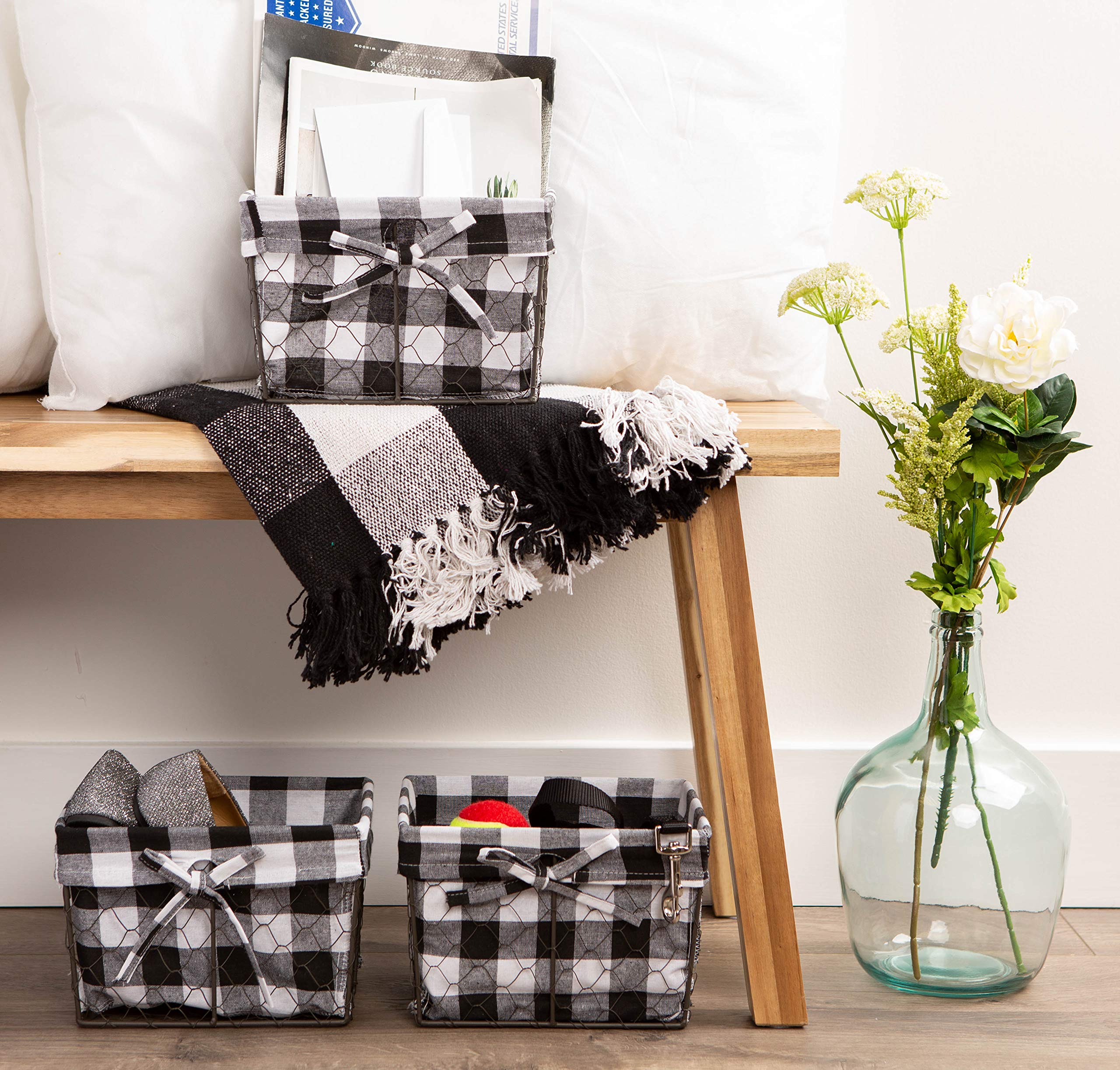 Dii Farmhouse Chicken Wire Storage Baskets With Liner, Small, Vintage Black & White Check, 9X7X6'', 3 Piece