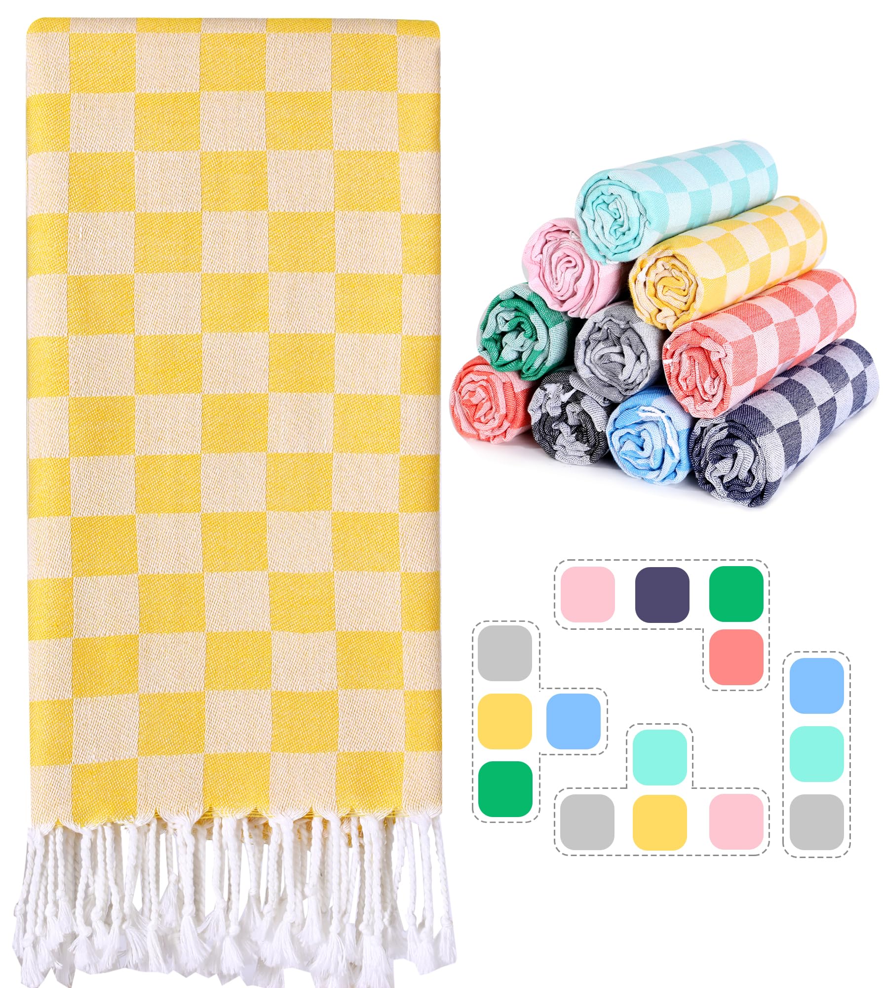 Checkered Plaid Cotton Turkish Beach Towels Extra Large Sand Proof Soft Absorbent Long Wide Sandless Fast Drying Compact Lounge
