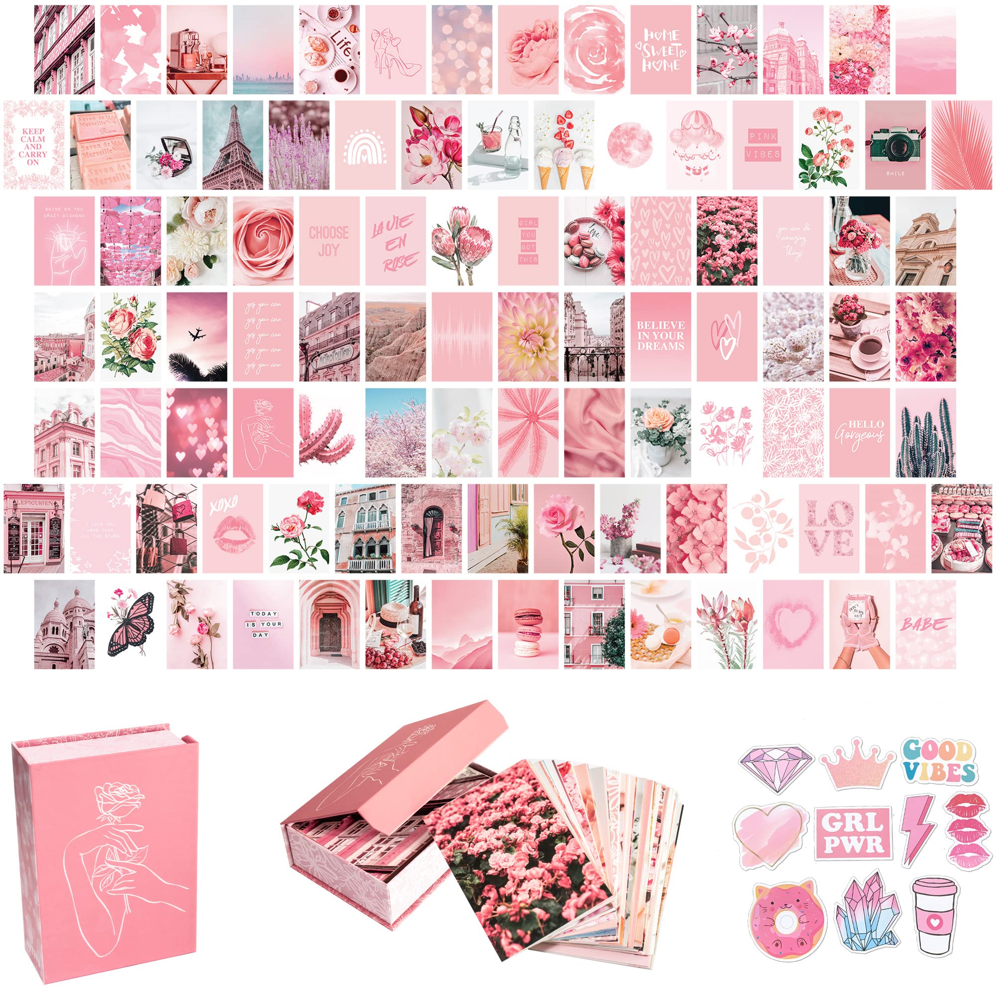 Artivo Pink Aesthetic Wall Collage Kit,100 Set 4X6 Inch,Room Decor For Teen Girls,Pretty Blush Pink Wall Art Print,Dorm Photo Co