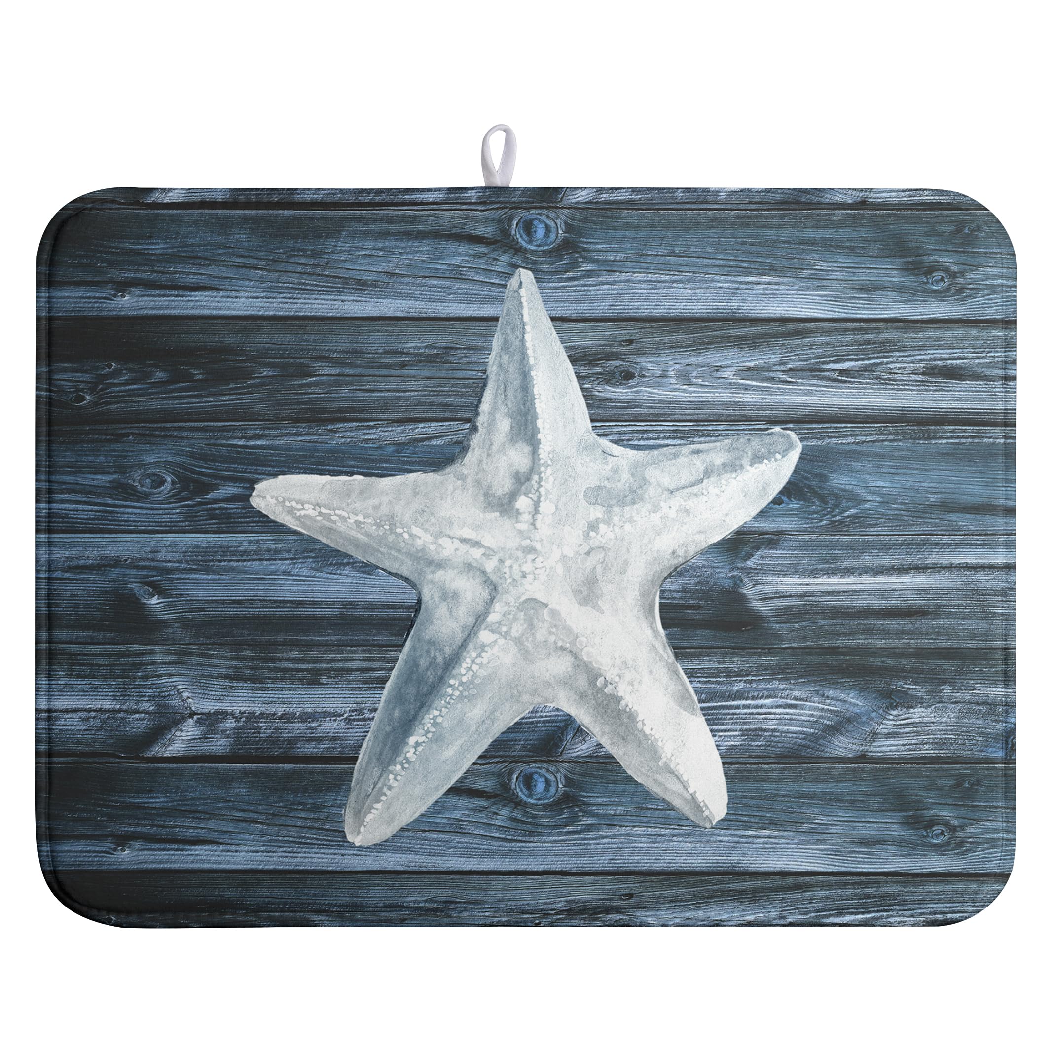 Wnoesat Summer Starfish Dish Drying Mat for Kitchen Counter Navy Blue Microfiber Absorbent Dish Drainer Rack Mats Coastal Ocean 
