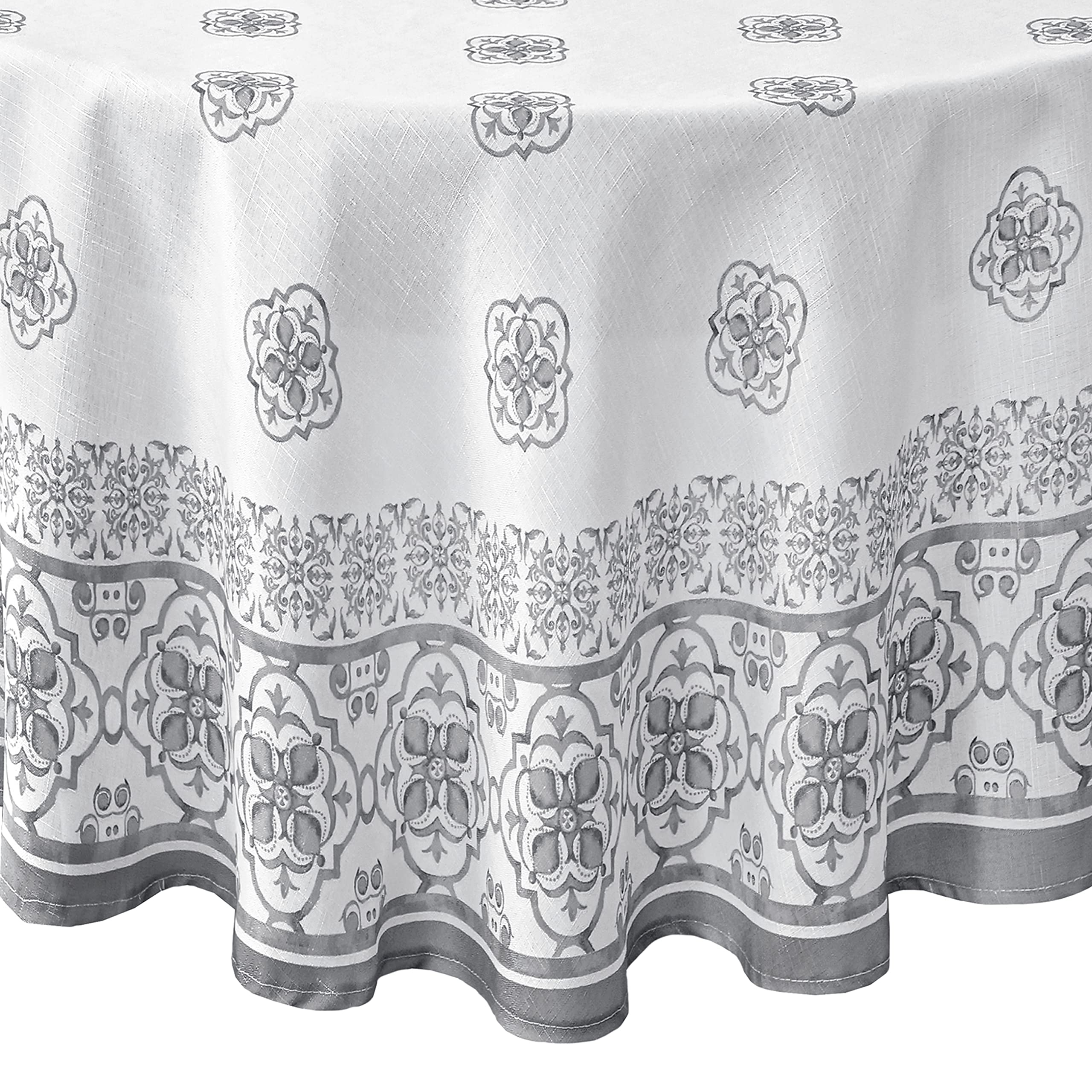 Newbridge Round Fabric Tablecloth, 70 Inch, Mykonos Grey Mediterranean, Indoor Outdoor Stain Resistant No-Iron Table Cloth, Grey
