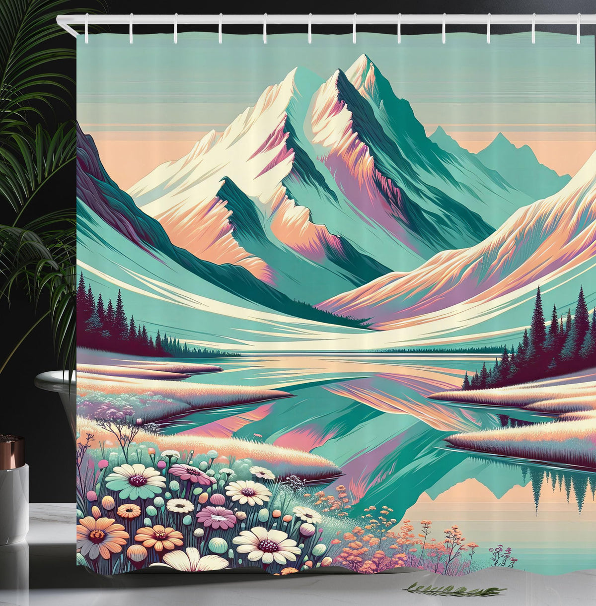 Ambesonne Lake Shower Curtain, Snowy Mountain Scenery And Floral Meadow Drawn With Dreamy Color Palette Print, Cloth Fabric Bath