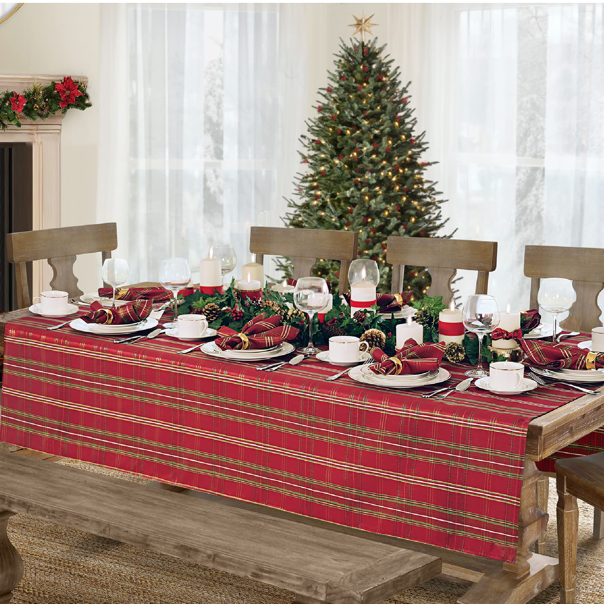 Elrene Home Fashions Shimmering Plaid Holiday Fabric Tablecloth, 60'' X 102'', Red