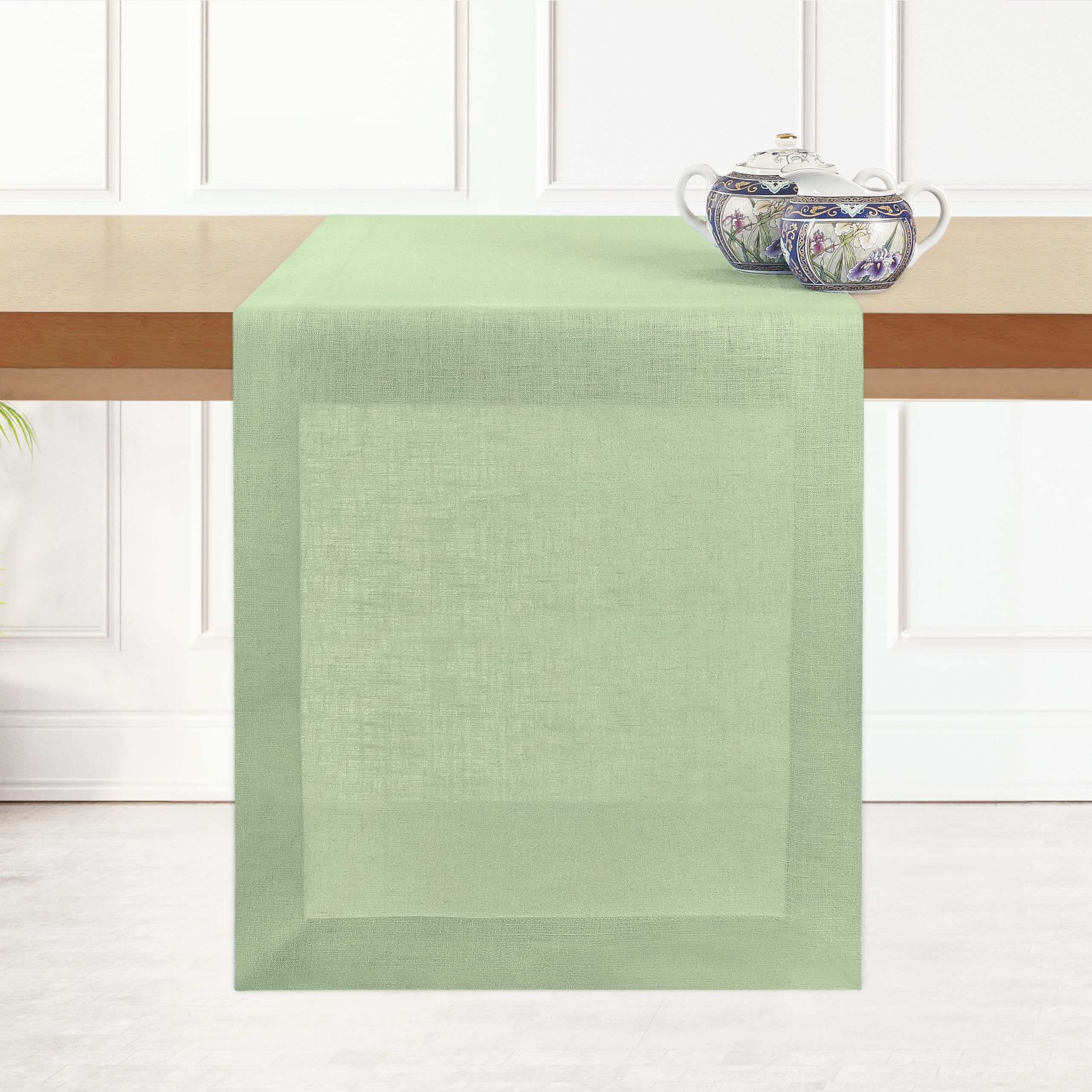 Dmoksha Homes Linen Table Runner - 14 X 132 Inch Sage Green, 100 Pure Linen Hemmed Table Runners 132 Inches Long, Machine Washab