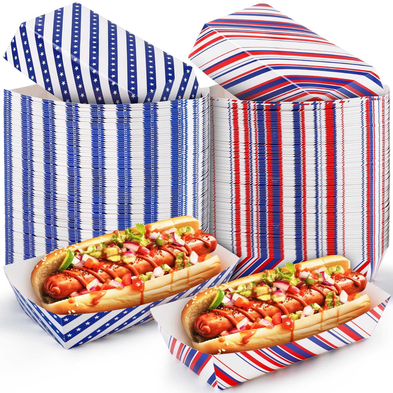 COCPOK 100 PCS Paper Boat Trays, 9.4 x 5.1 x 2.2 Inch 4th of July Paper Boats, Patriotic Serving Trays, Disposable Hot Dog Food 