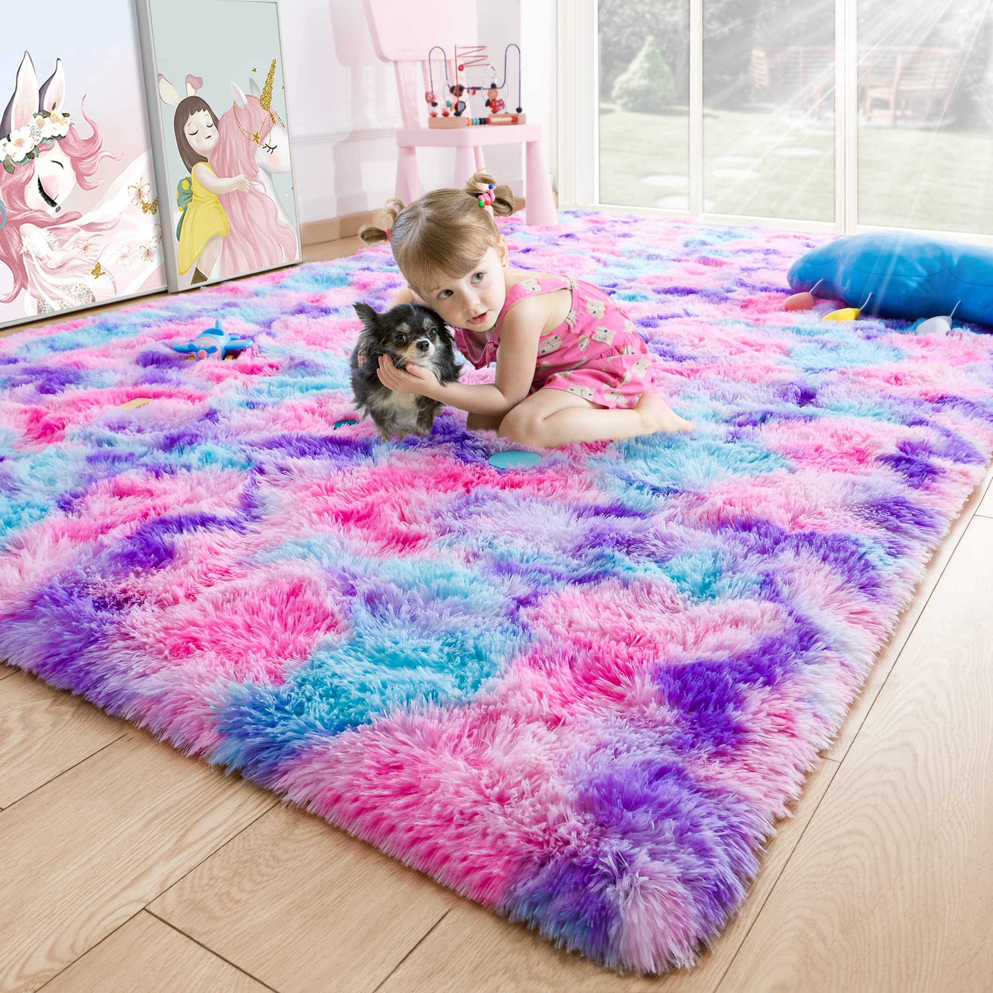 Noahas 5x8 Fluffy Rainbow Rug for Girls Bedroom,Soft Kids Rugs for Room,Shaggy Area Rugs for Living Room,Fuzzy Hot Pink and Purp