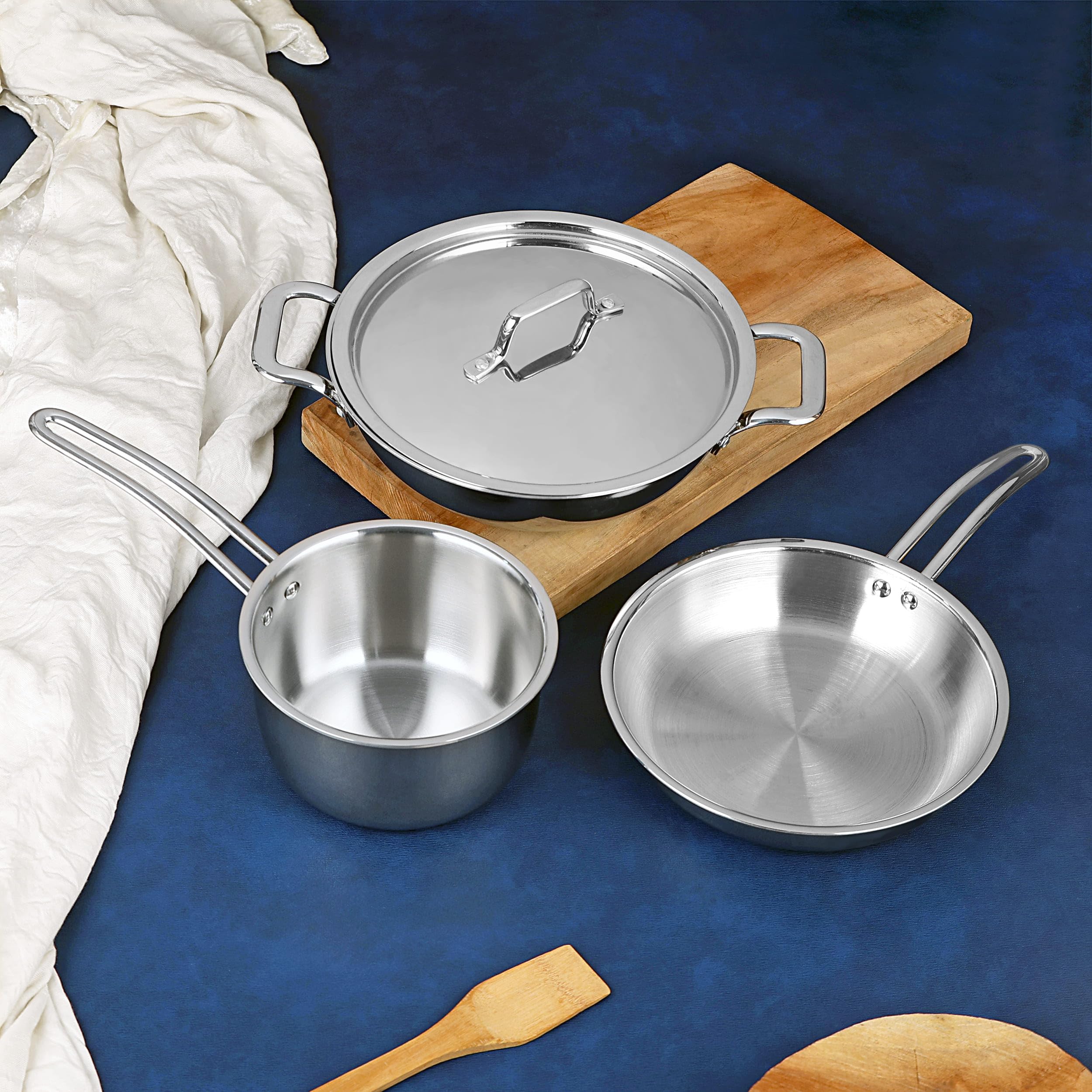 Chakmak Stainless Steel Ares Triply Deep Kadhai With Lid Wrh 24Cm, Saucepan Wrh 16Cm And Frypan Wrh 20Cm Cookware 3 Pcs Combo Se