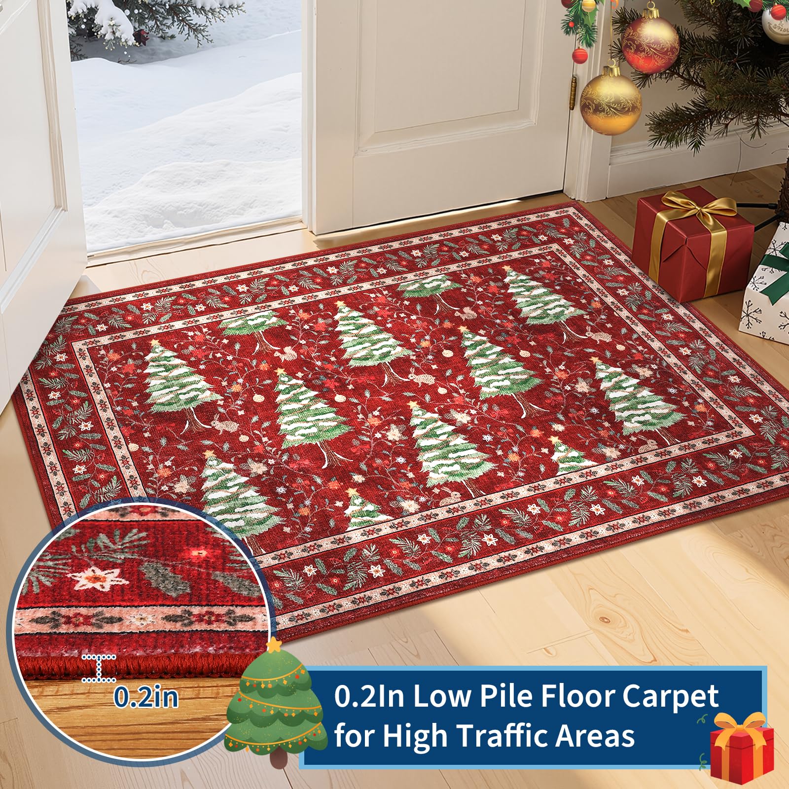 GarveeHome Red Christmas Rug 5x7 Washable Soft Stain Resistant for Living Room Bedroom Nursery Office Christmas Tree Animals Pri