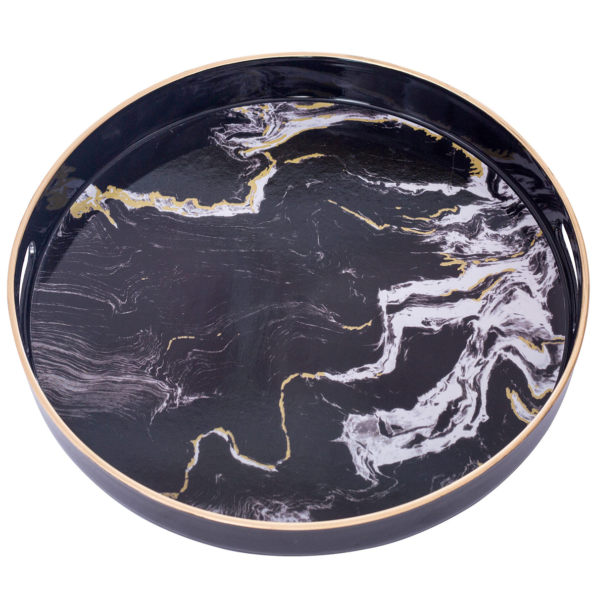 Maoname 13'' Round Decorative Tray, Marbling Plastic Tray With Handles, Coffee Table Tray And Serving Tray For Ottoman, Kitchen,