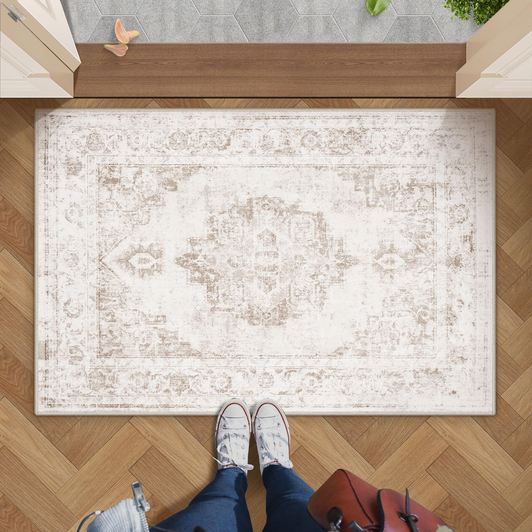 Area Rug 8x10 Vintage Rugs: Large Washable Indoor Medallion Rug Low Pile Distressed Floor Carpet Retro Accent Rugs for Living Ro