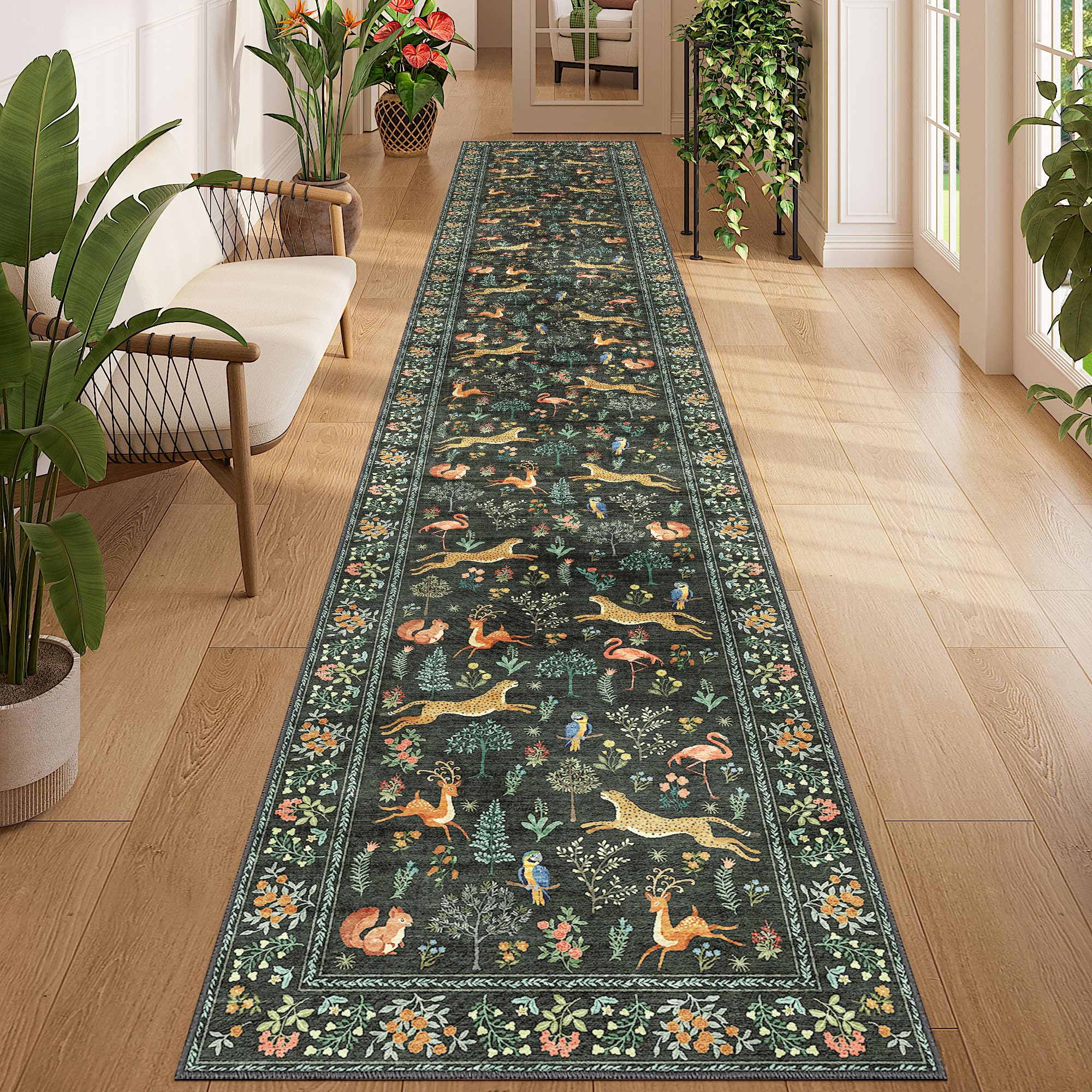 DUKINO 2x12 Washable Runner Rug, Ultra Soft Vintage Animal Runner Rug for Hallway, Lightweight Non Slip & Non Shedding Indoor Lo