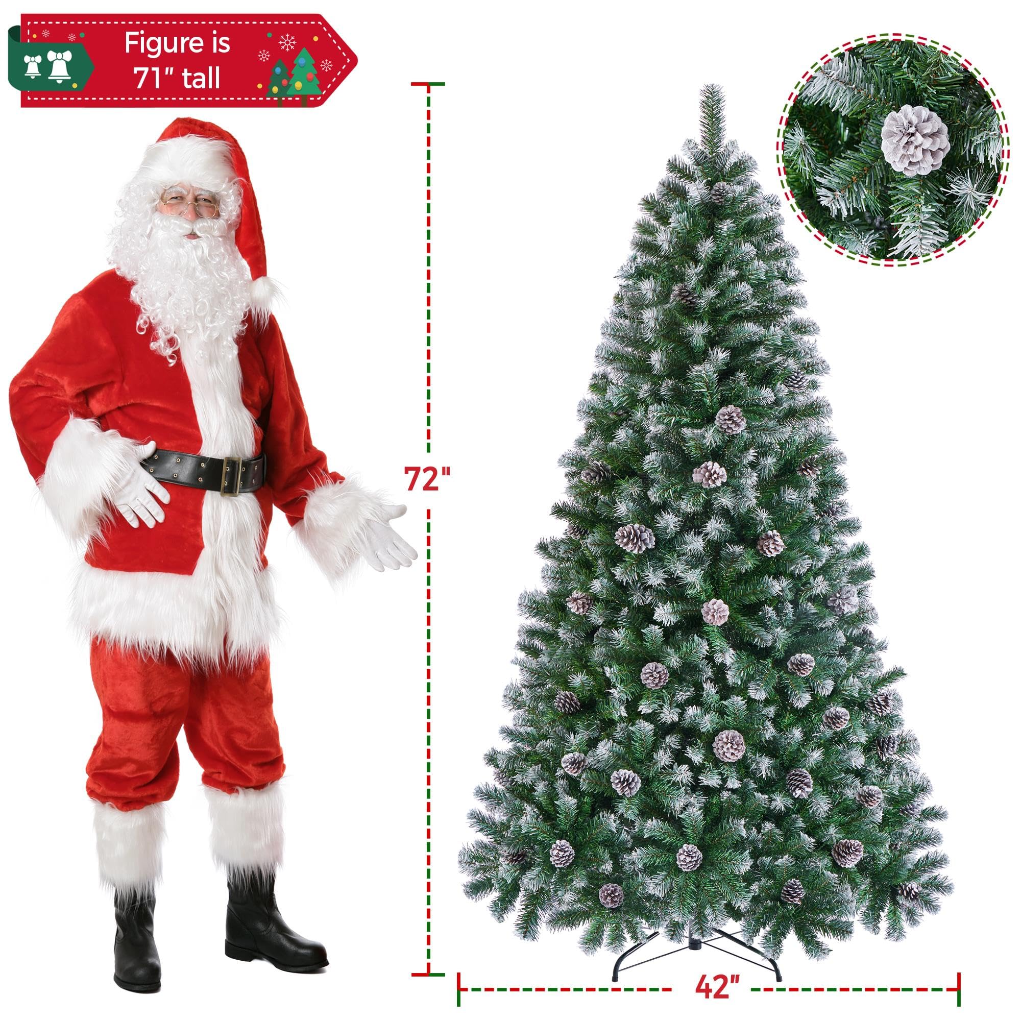 Yaheetech 6ft Artificial Christmas Tree, Snow Flocked Christmas Tree w/64 Pinecones, 920 Frosted Tips, Pre-Decorated Tree for Ho