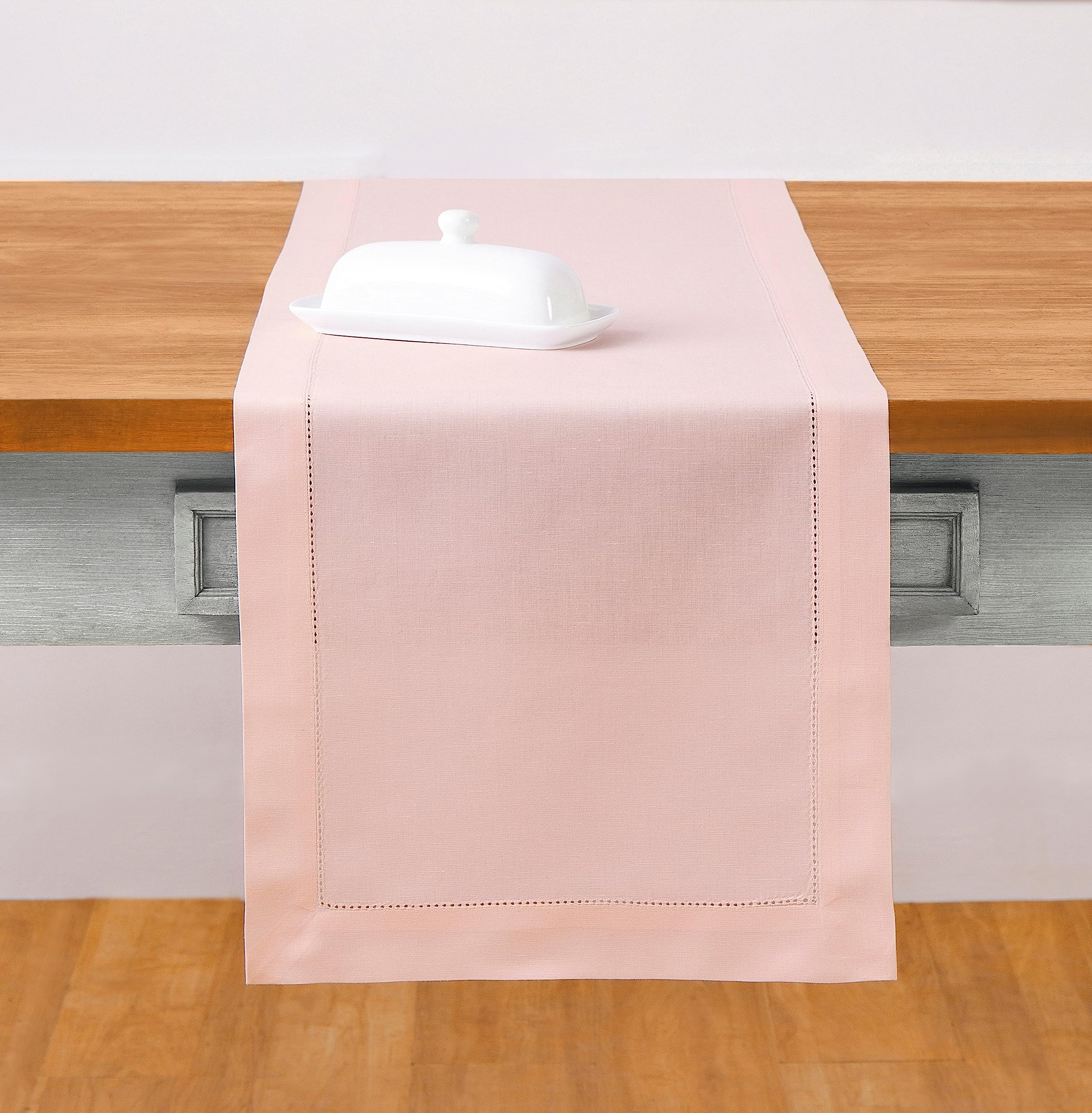 Solino Home Pink Table Runner 90 Inches Long - Cotton Linen Hemstitch Fall, Thanksgiving, Christmas Table Runner 14 X 90 Inch -