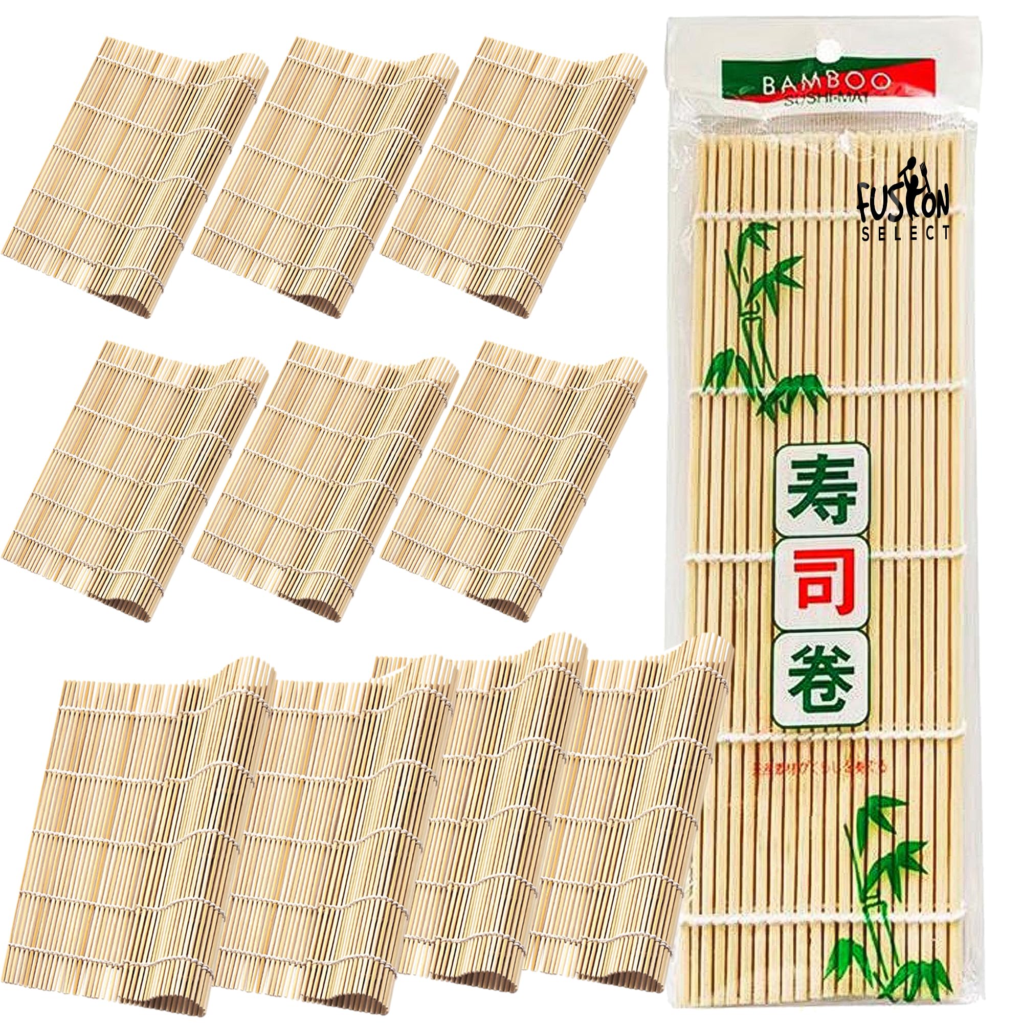 Fusion Select 10 Pk Bamboo Sushi Mat - Sushi Roller Mat for Making, Shaping & Molding Sushi Roll & Kimbap - Food-Safe Sushi Maki