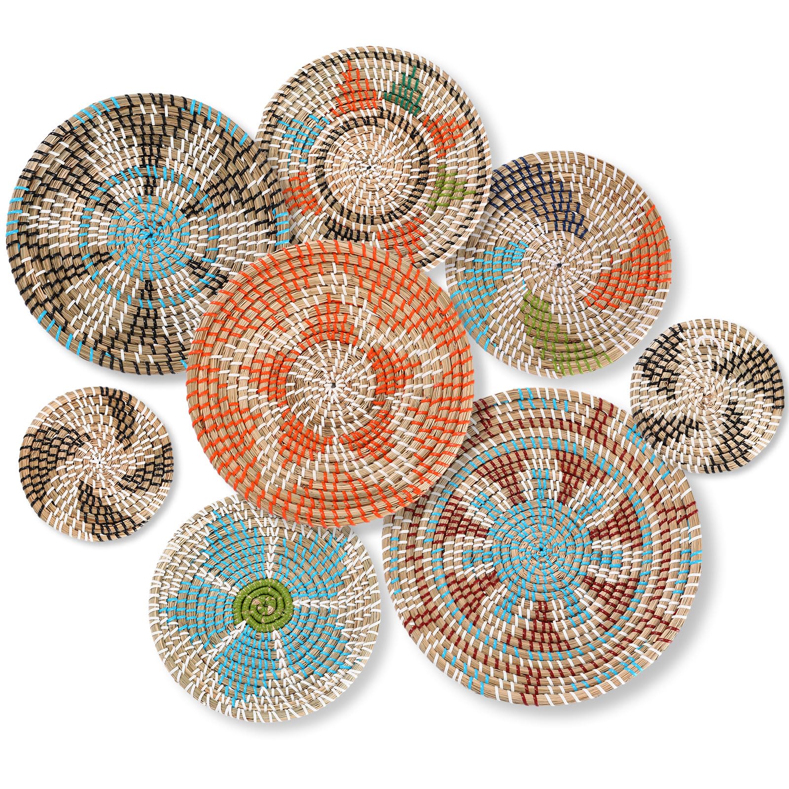 Ziliny Boho Wall Basket Decor Set of 8 Decorative Hanging Woven Basket Art Round Farmhouse African Woven Bowl Decor for Kitchen 