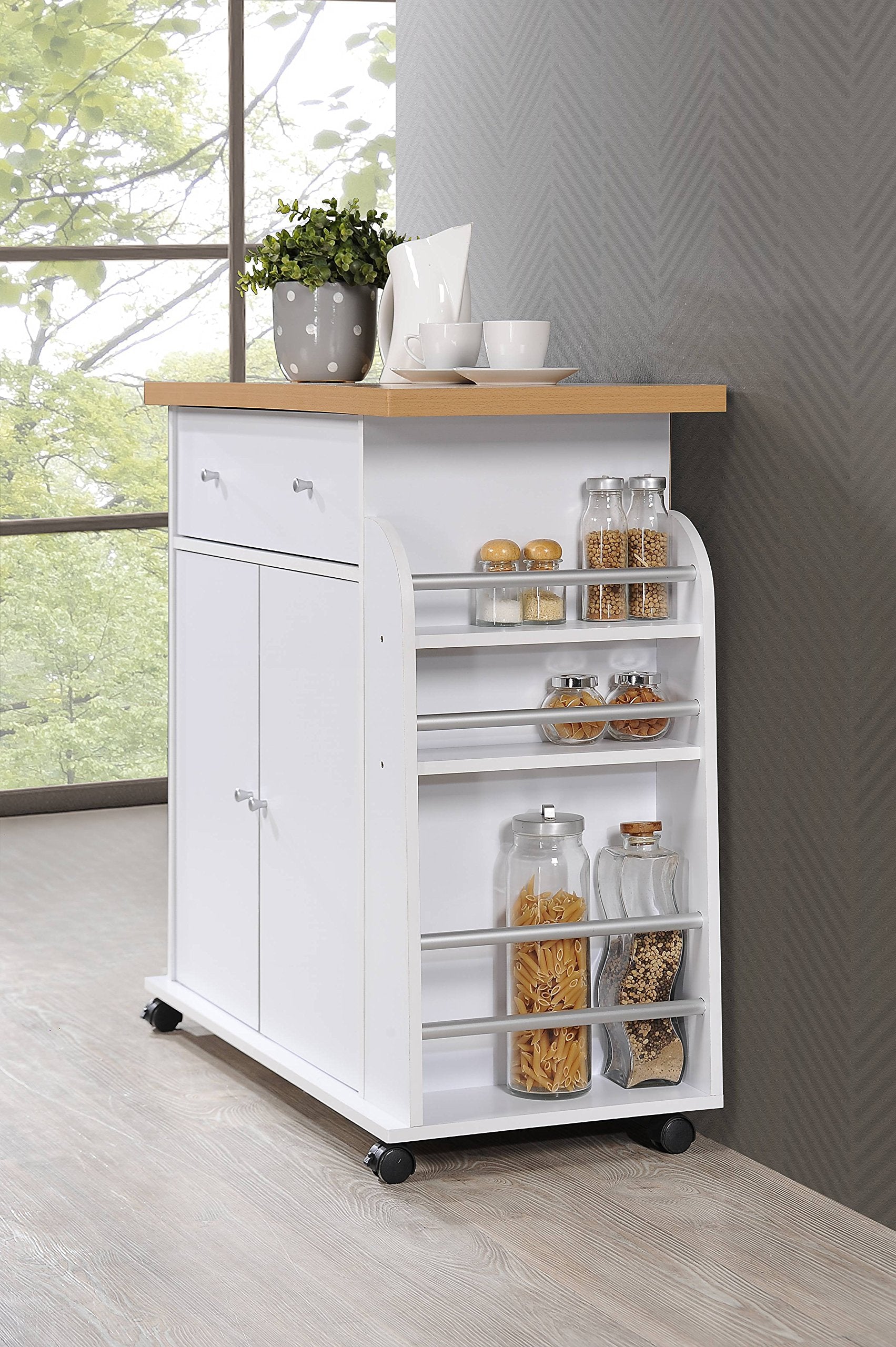 Hodedah Kitchen Cart with Spice Rack in White