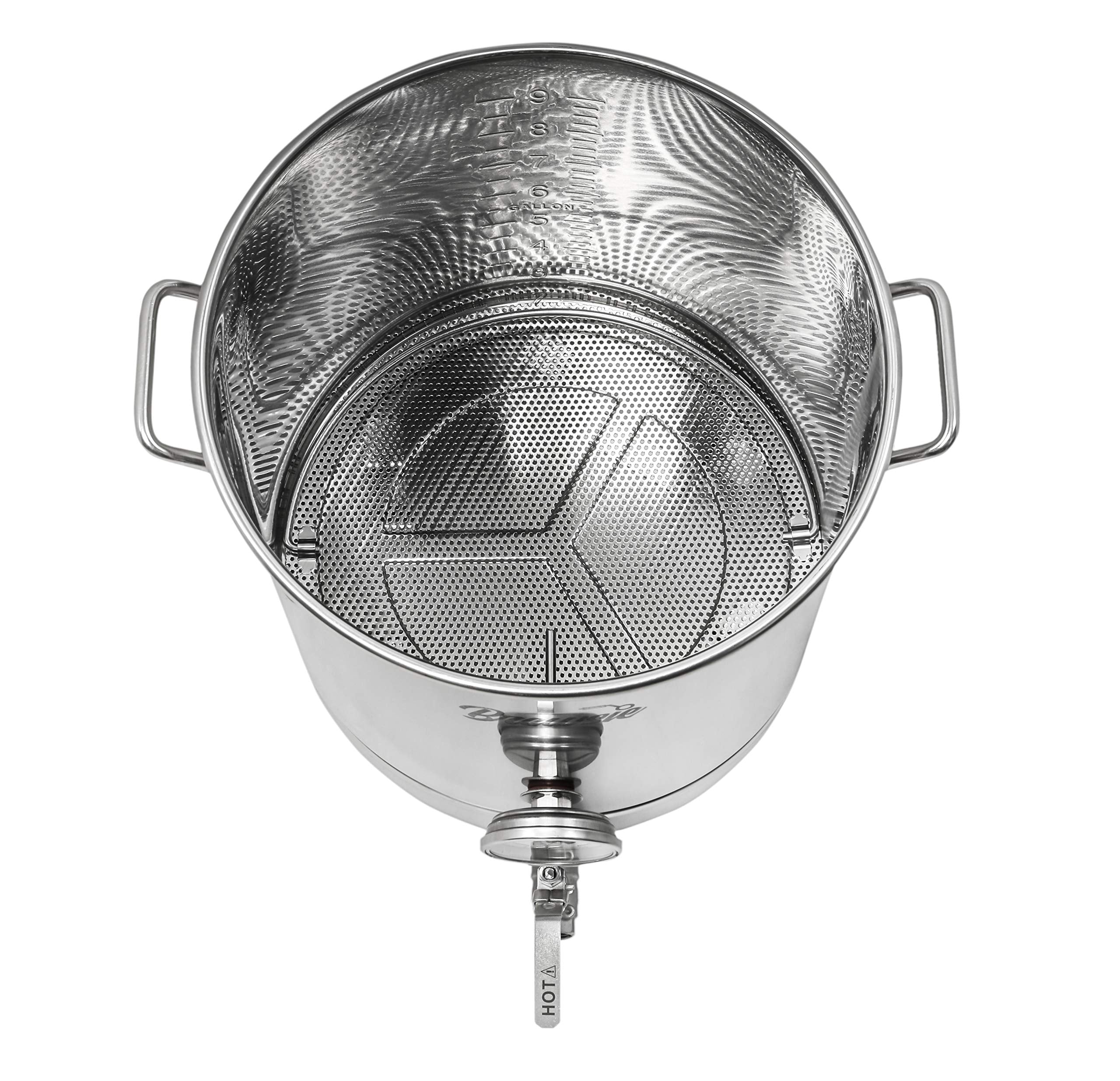 Brewsie Stainless Steel Home Brew Kettle W/Dual Filtration. Equip With False Bottom Thermometer And Ball Valve For Brewing (10 G
