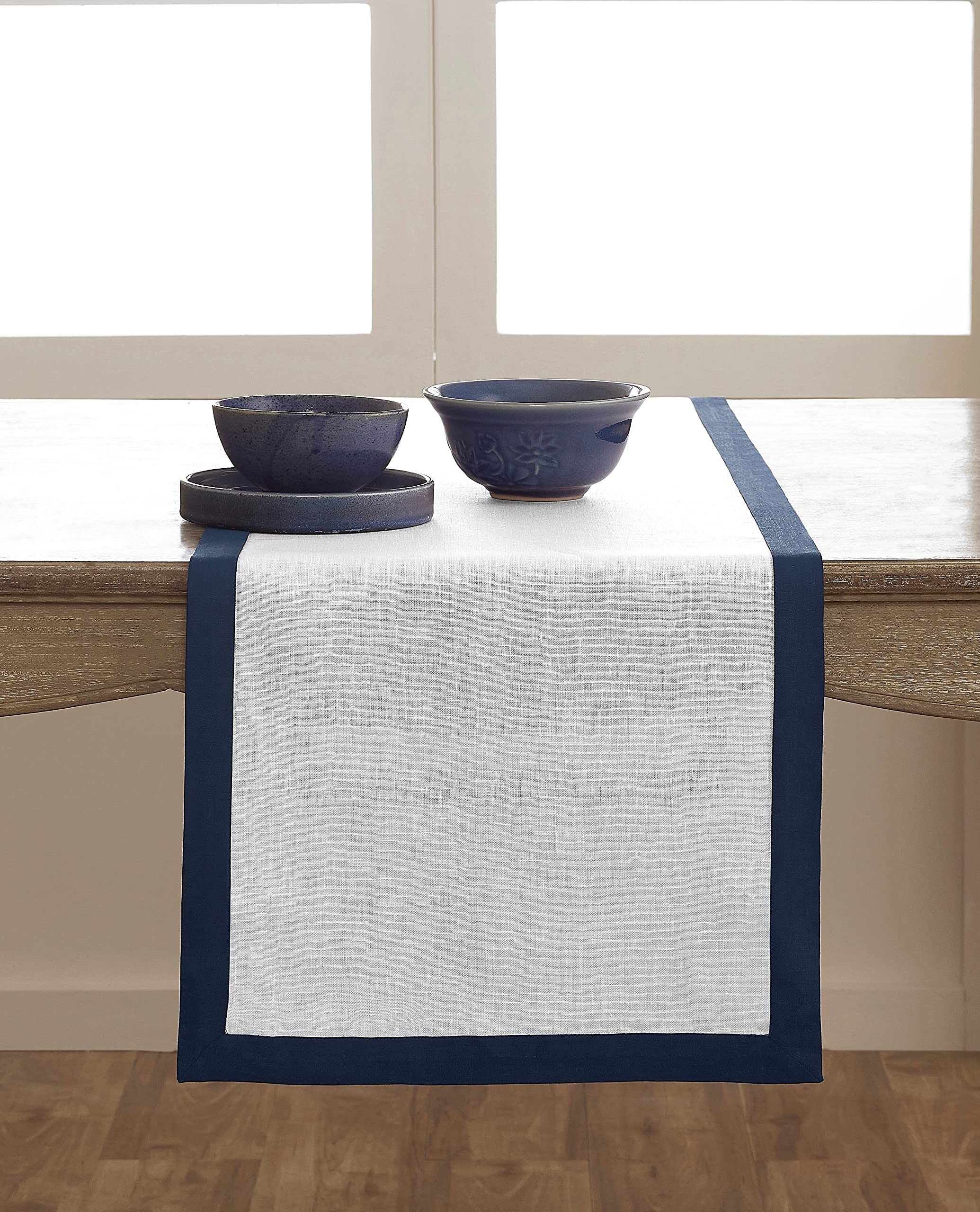 Solino Home Linen Table Runner 14 X 36 Inch - 100% Pure Linen Navy And White Table Runner For Spring, Summer, Mother Day, Memori