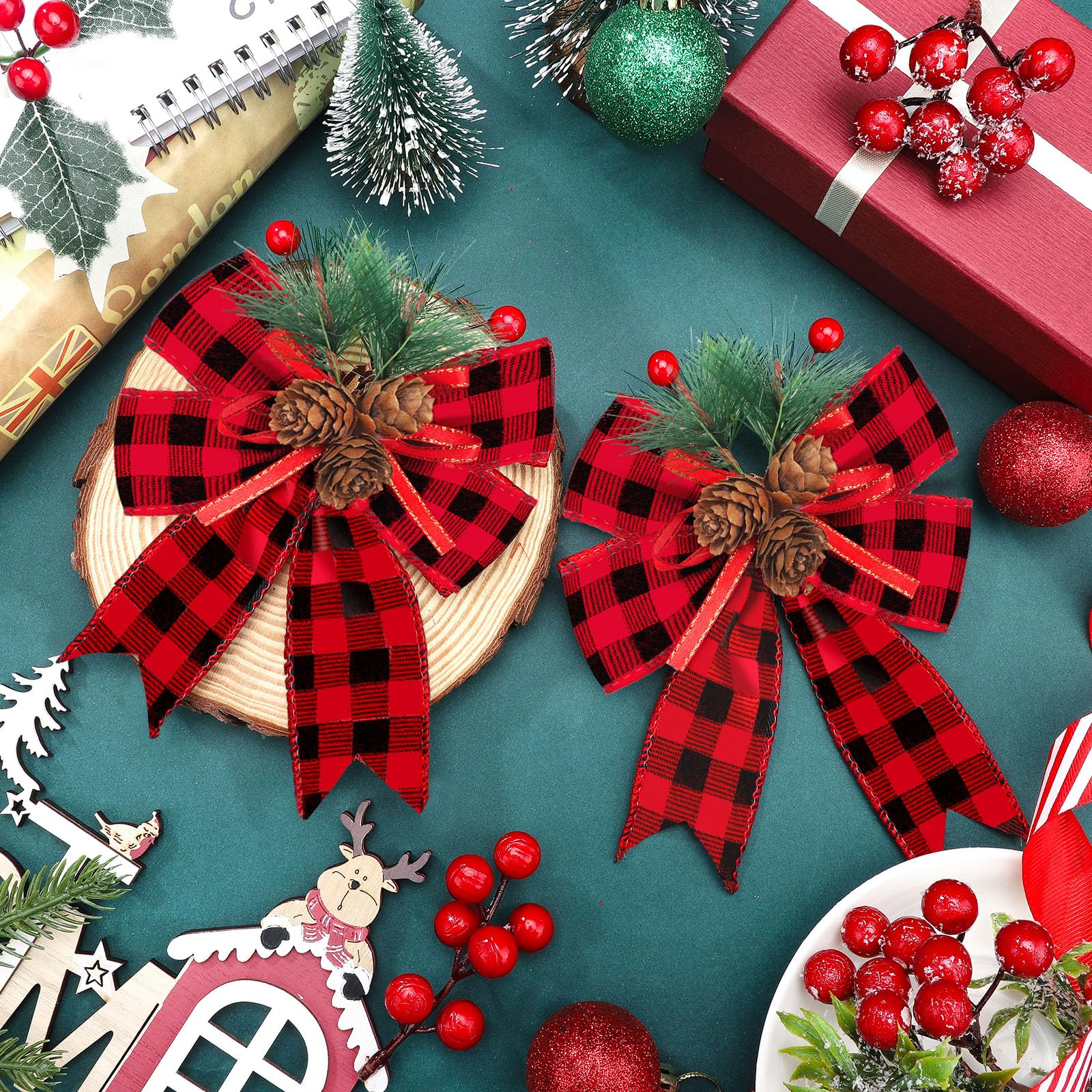 Syhood 6 Pcs Christmas Bows with Pine Cones Pine Needles Xmas Velvet Bows Black and Red Ribbon Christmas Tree Wreath Decoration