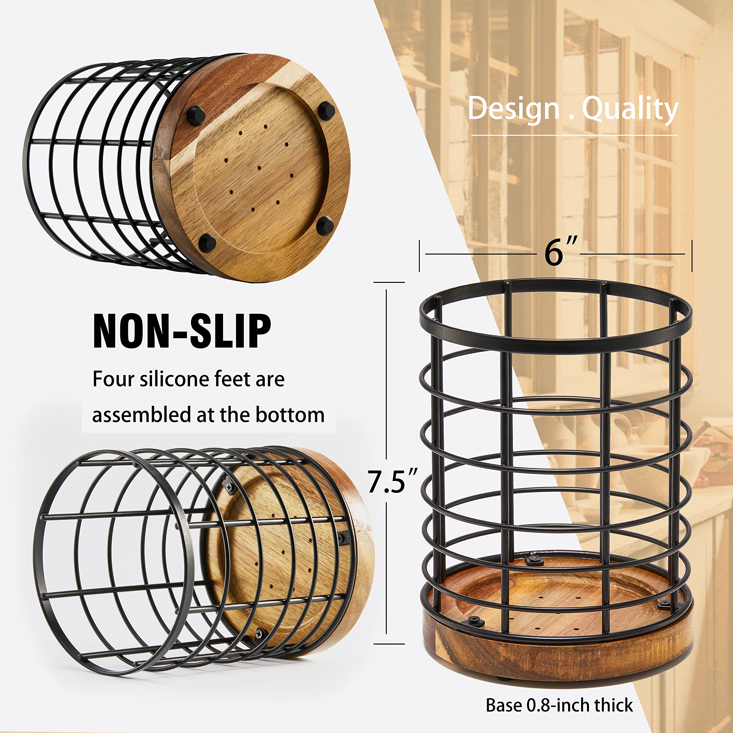 Wildmos Utensil Holder For Kitchen Counter,Black Wire With Wooden Base Countertop Utensil Holder, Large Wooden Cooking Utensil H
