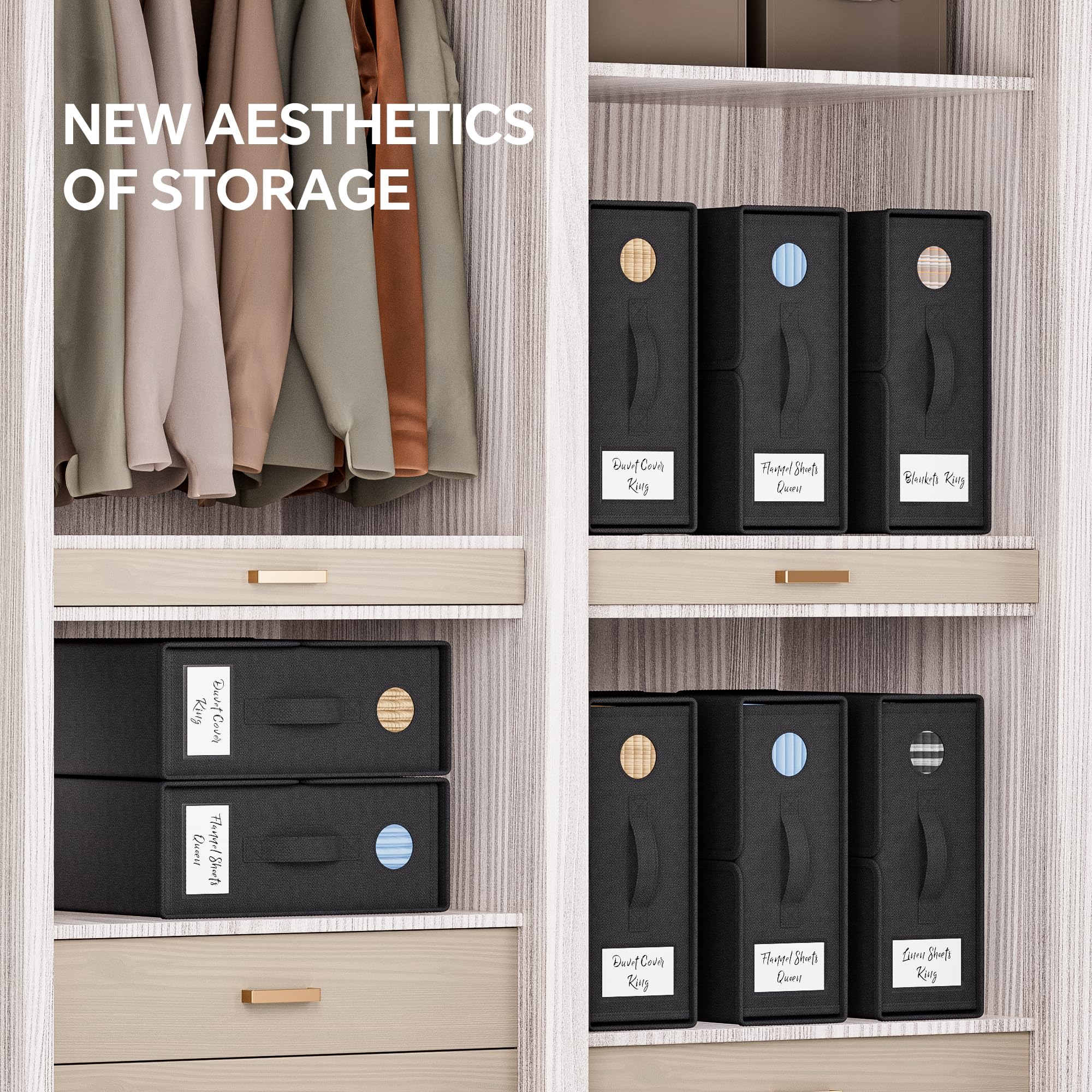 TRZZ Sheet Organizers and Storage, 6-Pack, Queen/King Size (Black), Foldable Sheet Set Organizer, Fabric Storage Bins for Bed Sh