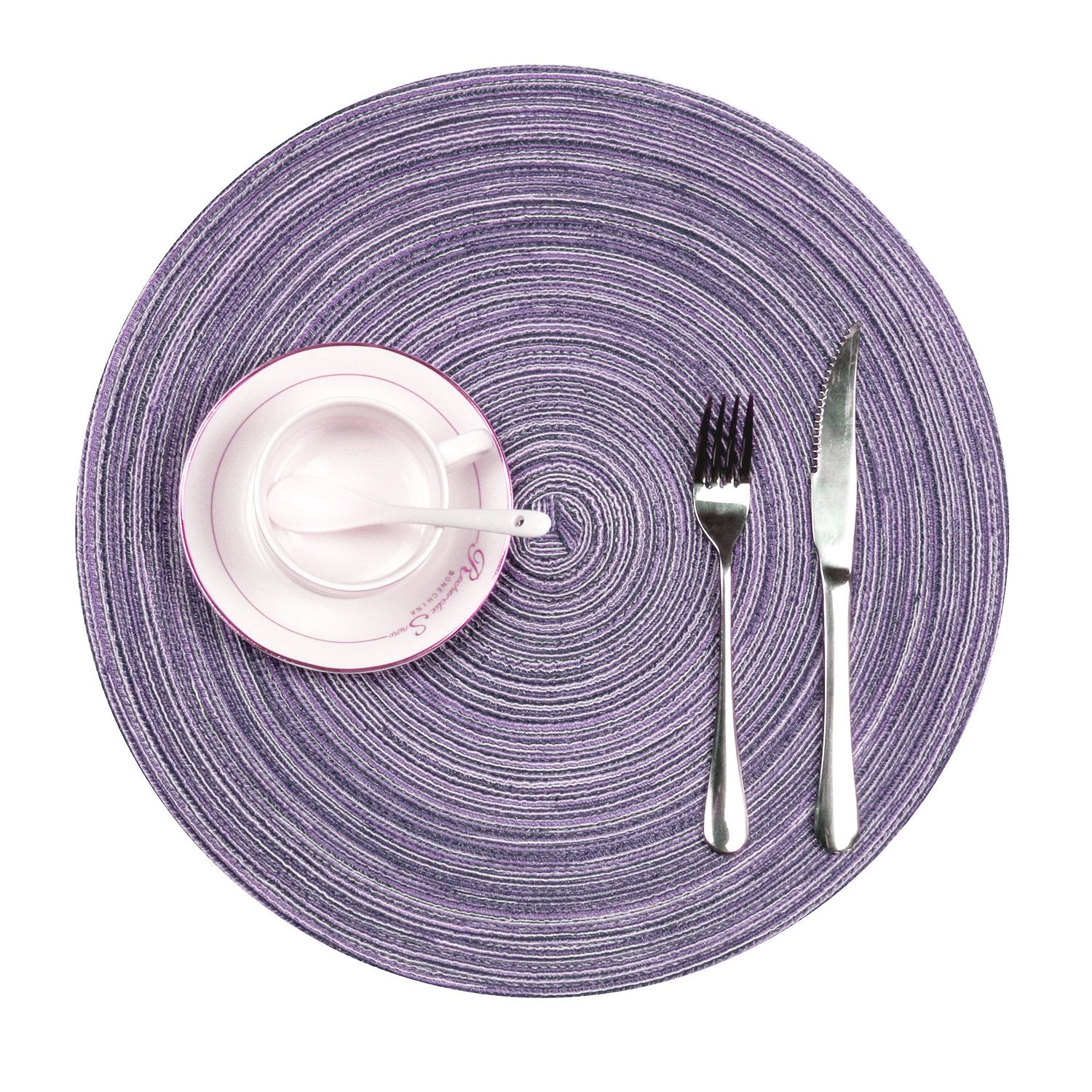 SHACOS Round Braided Placemats Set of 6 Round Placemats Cotton Blend Fabric Table Mats for Wedding Party (Light Purple, 6)