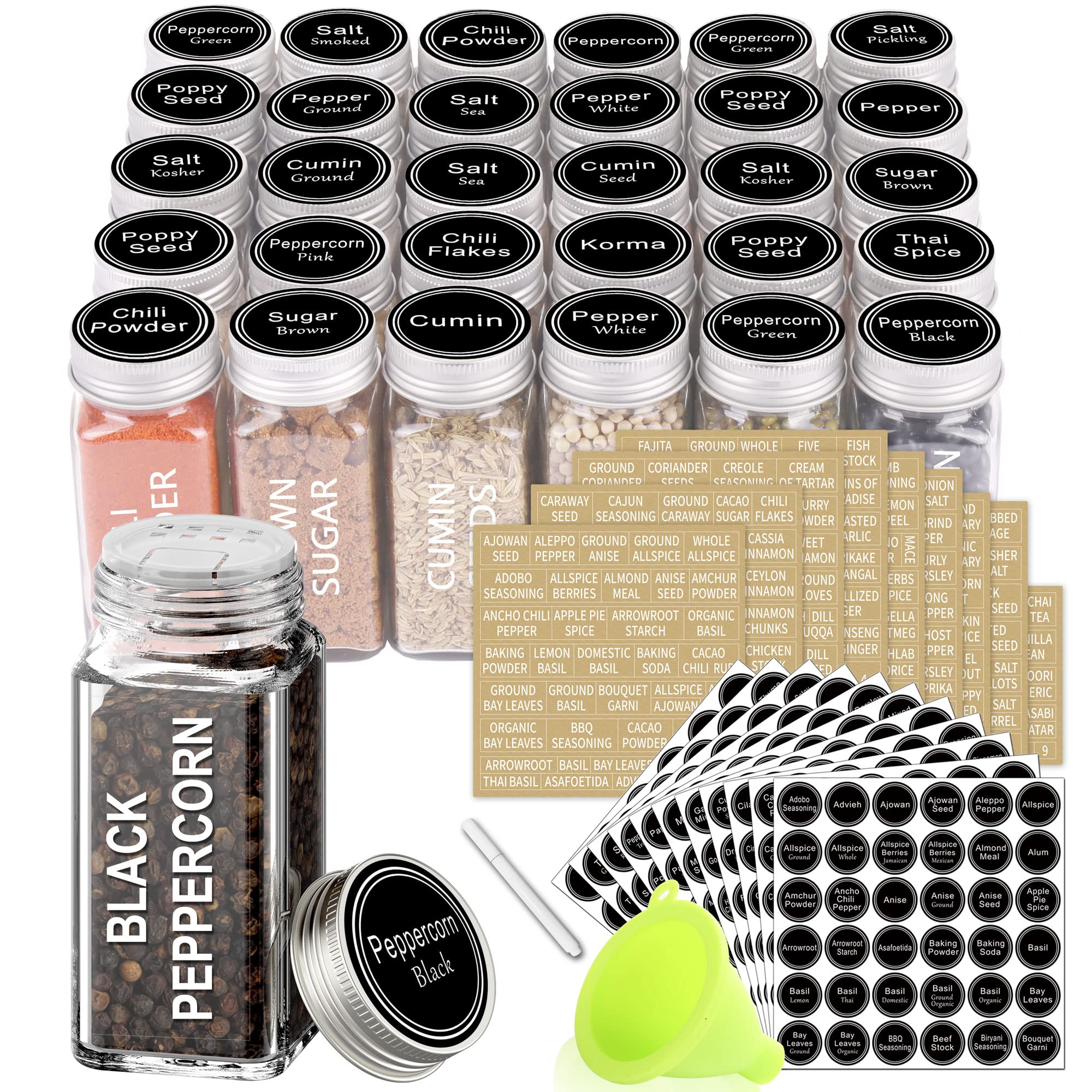 Swommoly 30 Glass Spice Jars With 713 Spice Labels, Chalk Marker And Funnel Complete Set. 30 Square Glass Jars 4 Oz, Airtight Ca