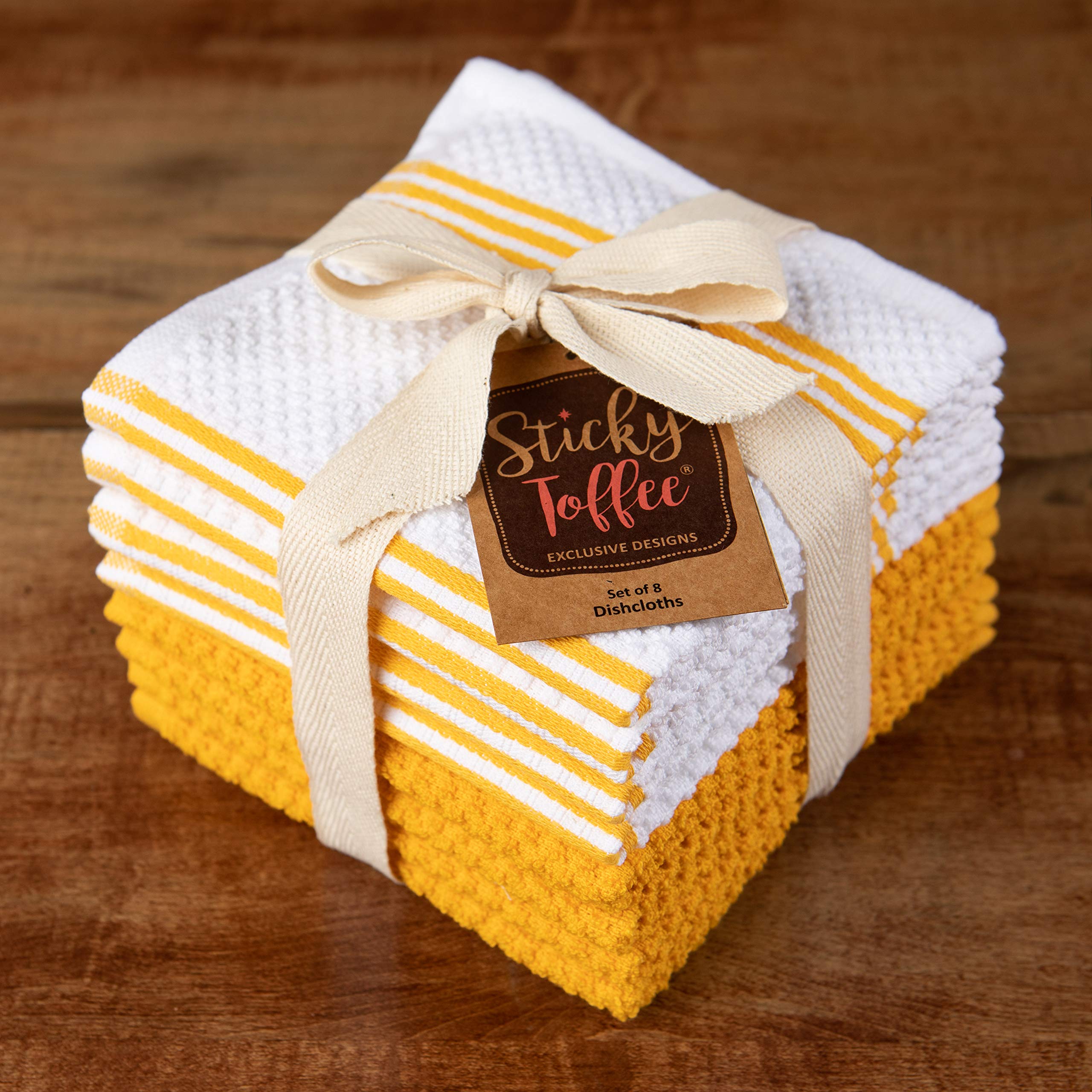 Kitchen Towels Dishcloths 100% Cotton, Set Of 8, Yellow And White Dish Cloth Towels, Tea Towels, Reusable And Absorbent Cleaning