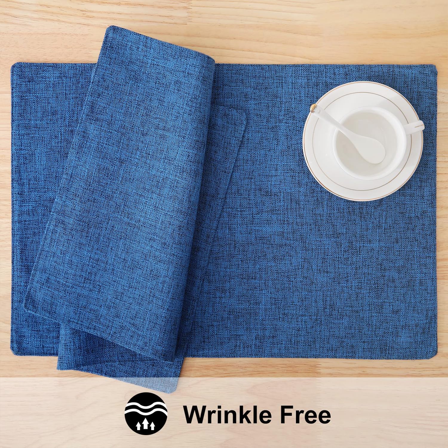 Homing Navy Blue Cotton Linen Blend Placemats For Dining Table Set Of 6 - Washable Farmhouse Kitchen Mats For Indoors & Outdoors