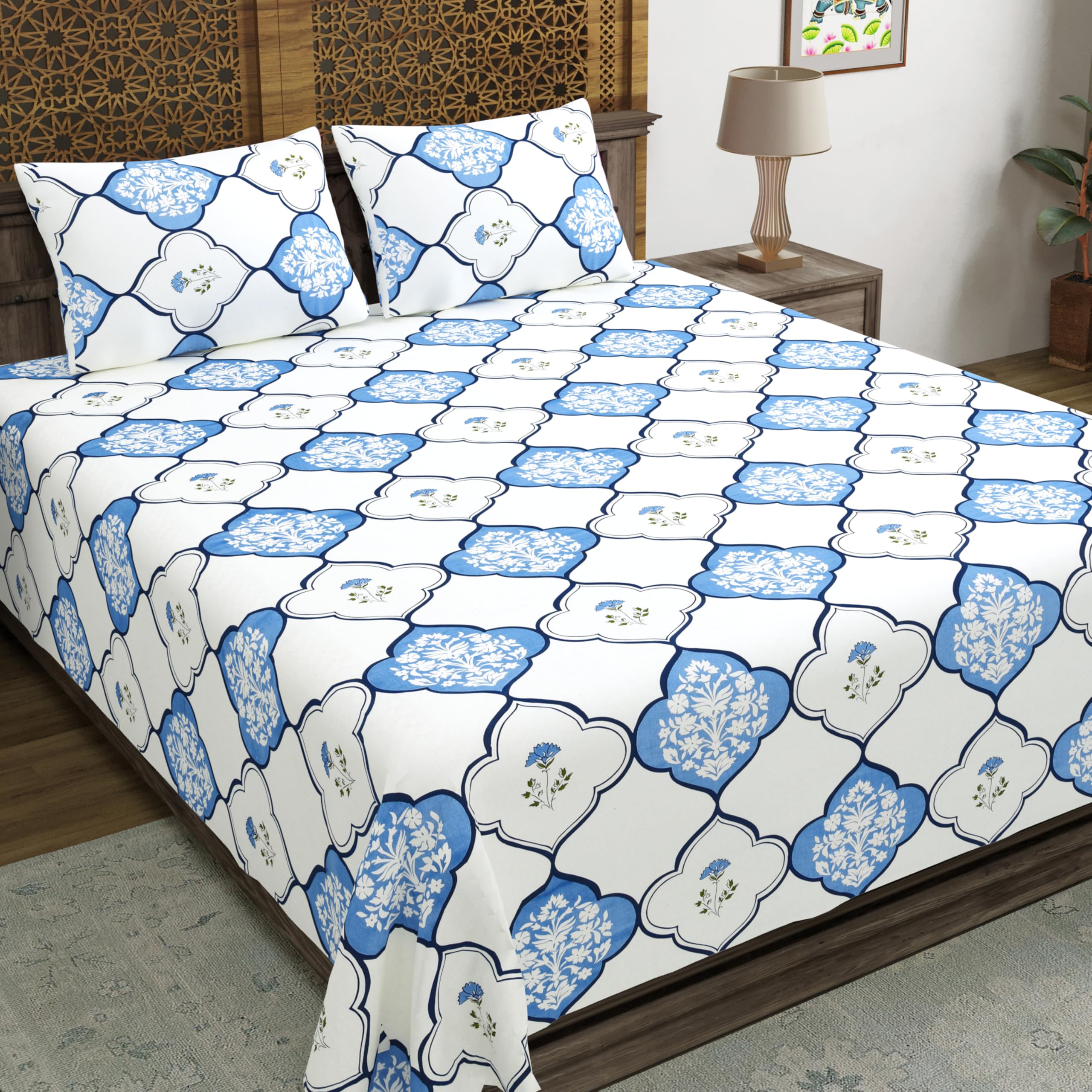 Blocks Of India Hand Block Printed 200 Tc Cotton King Size Bedsheet | Mughal Blue