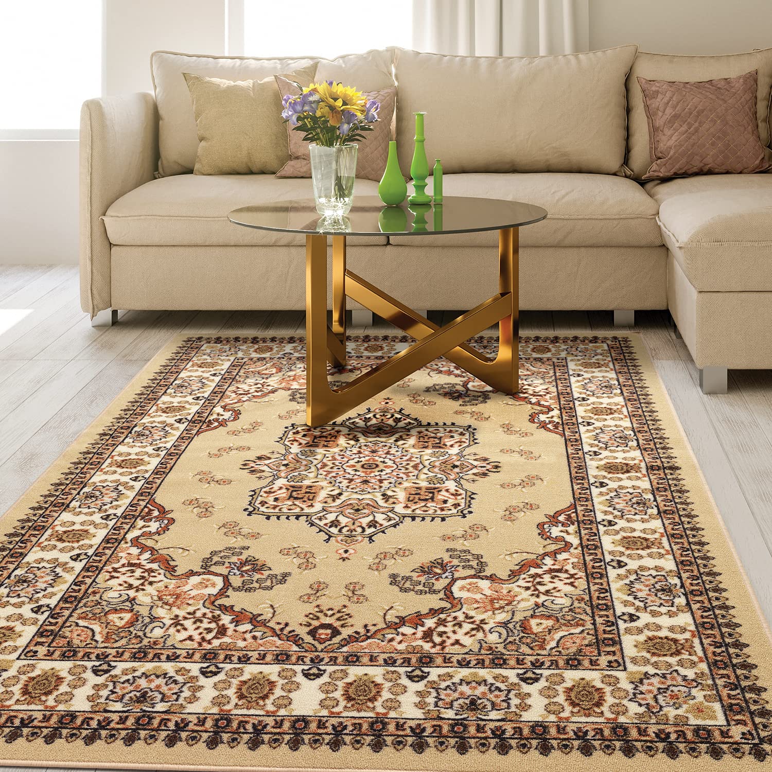 Antep Rugs Alfombras Oriental Traditional 5x7 Non-Skid (Non-Slip) Low Profile Pile Rubber Backing Indoor Area Rugs (Beige, 5 x 