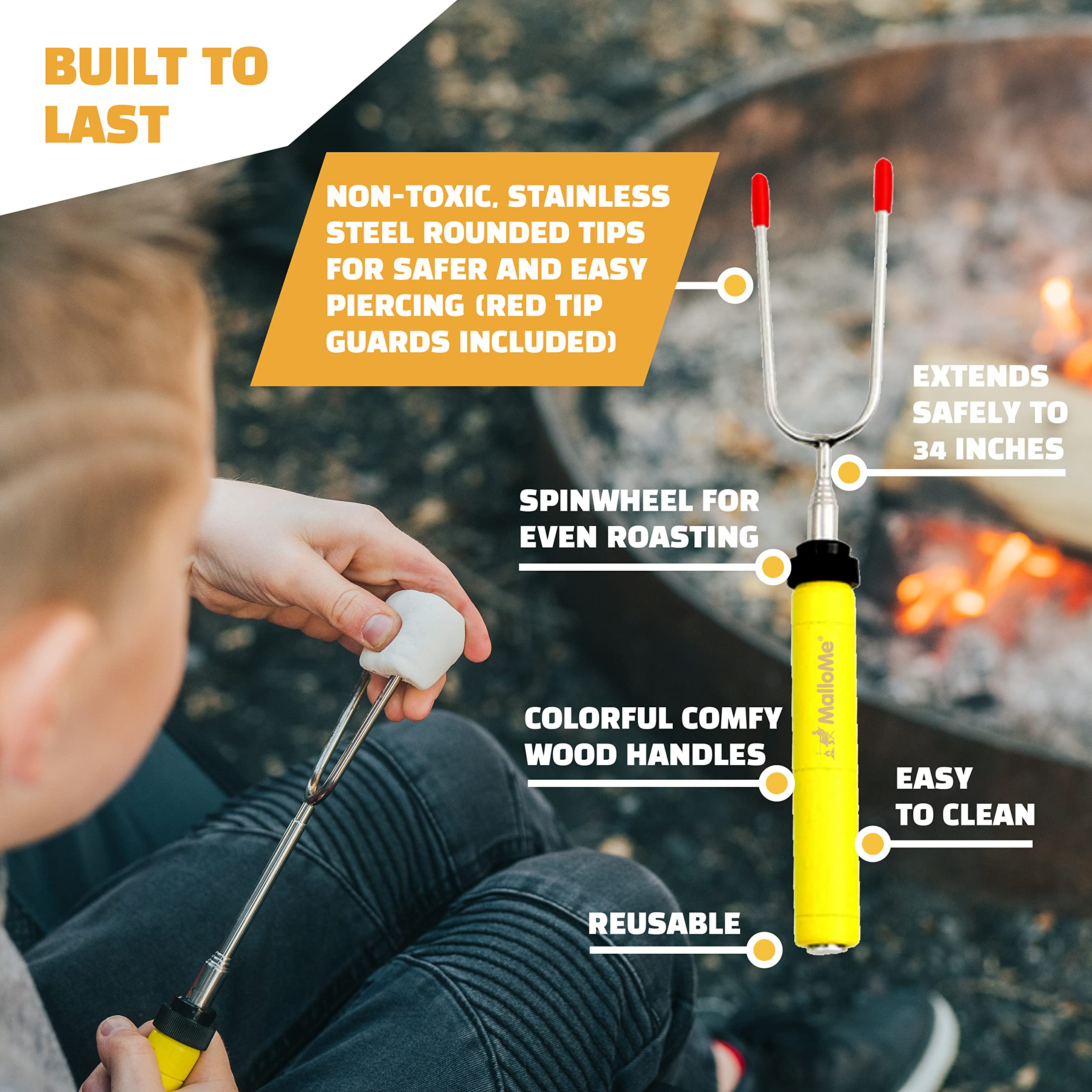 MalloMe Marshmallow Roasting Sticks Smores Kit - Marshmallows Smores Sticks for Fire Pit Long - Camping Campfire Accessories S'mores Gift Set- Smore Hot Dog Roaster Marshmello Skewers - 34Inch 10 Pack