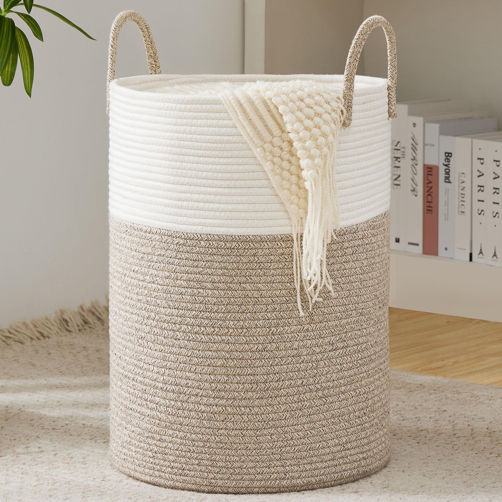 cotton Rope Laundry Hamper by YOUDENOVA  58L - Woven collapsible clothes Storage Basket for Blankets  Laundry Room Organizing  Bedroom  Brown & White