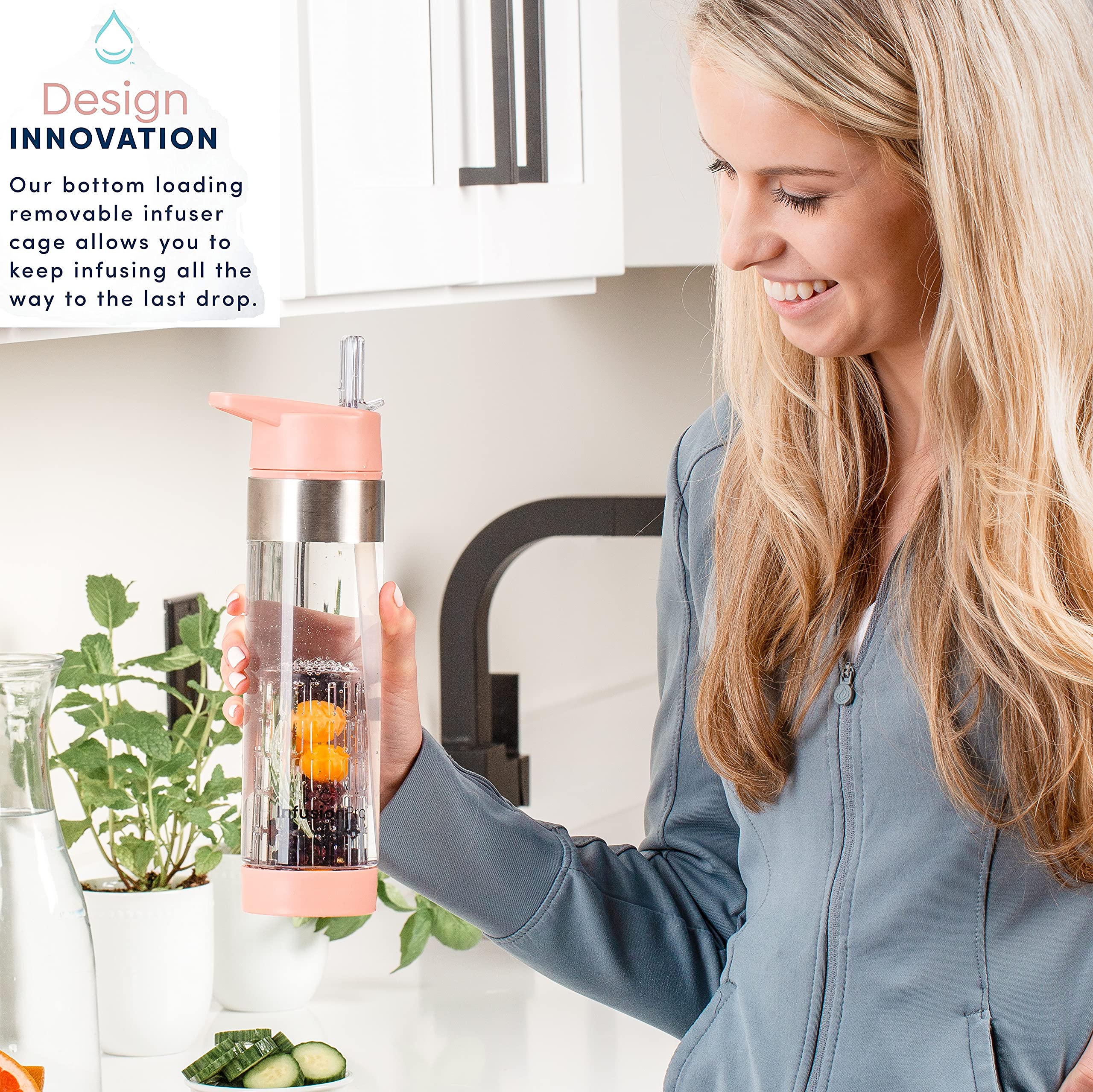 Infusion Pro Fruit Infuser Water Bottle with Straw Lid 24 oz : Flip-Up Straw : Insulated Sleeve & Fruit Infusion Water eBook : Bottom Loading Infuser for More Flavor - Kauai Sunset