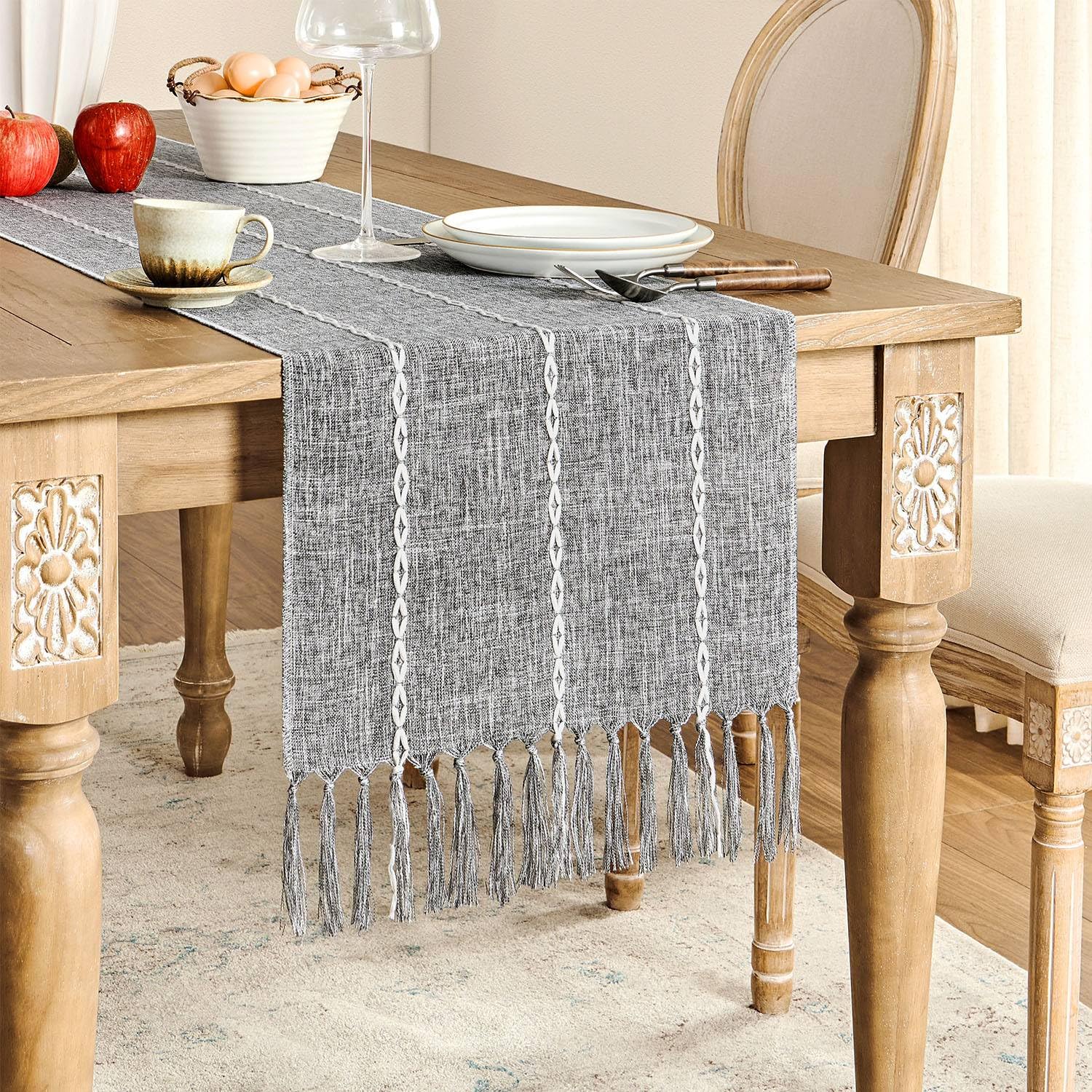 Zeemart Farmhouse Table Runner, Rustic Table Runners 48 Inches Long, Linen Boho Table Runner, Braided Striped Grey Table Runner