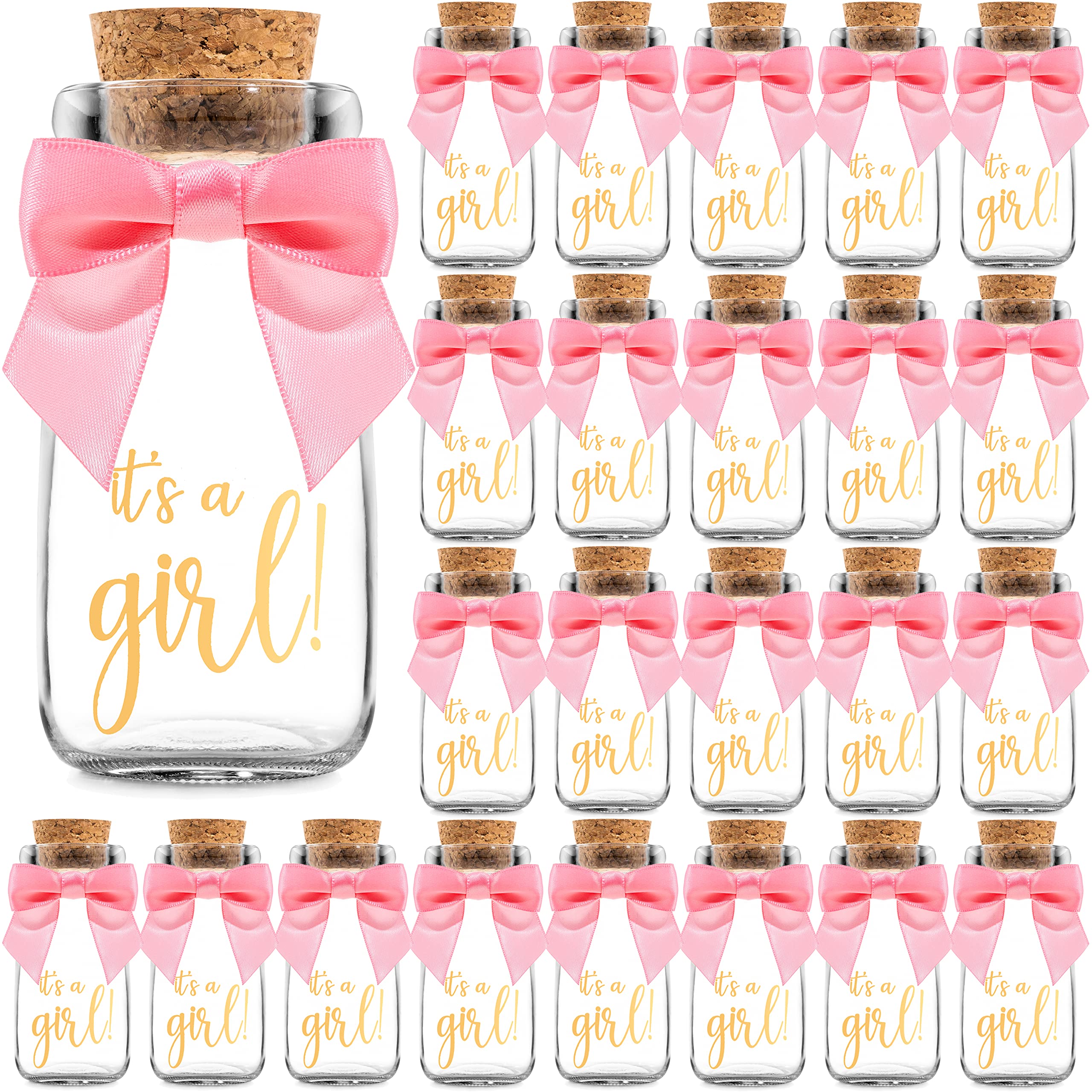 Ethisa Small 24 Pack It's a Girl Milk Glass Bottles with Ribbons and Stickers - Vintage Baby Shower Favors for Guests and Table 